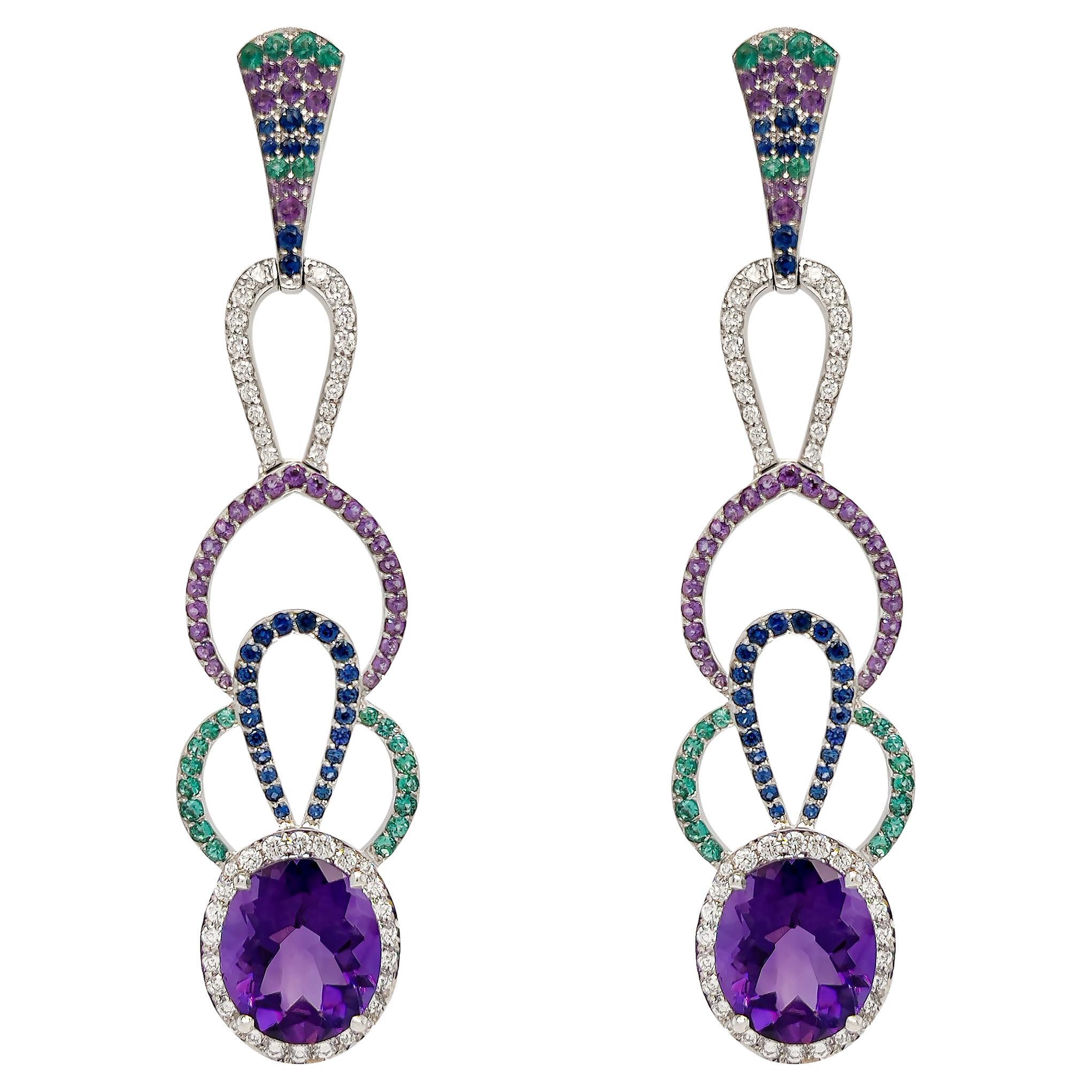 12.62 Carat Amethyst, Emerald, Colored Sapphire and Diamond Earrings in 18k Gold