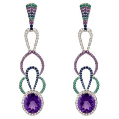 12.62 Carat Amethyst, Emerald, Colored Sapphire and Diamond Earrings in 18k Gold