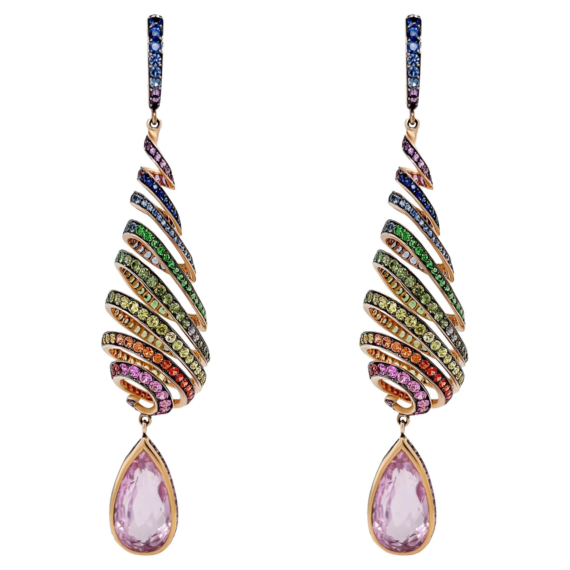 29.46 Carat Kunzite Spiral Earrings with Rainbow Natural Sapphires in Pink Gold