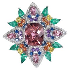 3.5 Carat Pink Tourmaline Cocktail Ring with Emeralds, Sapphires and Diamond