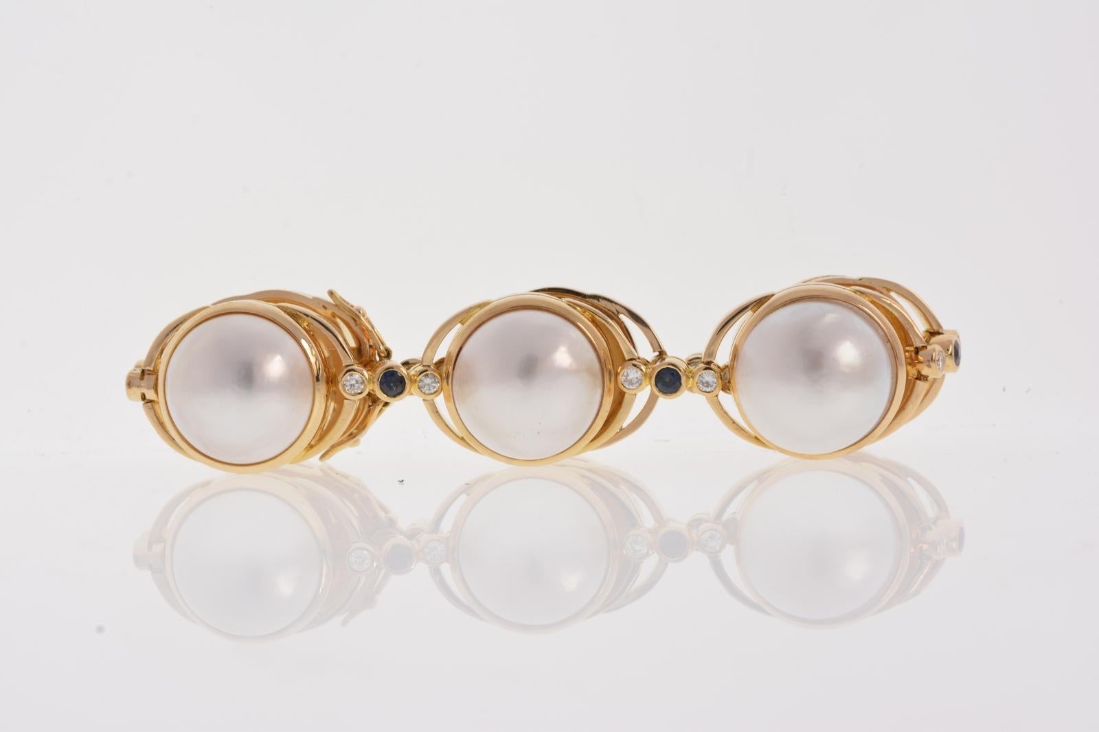 Mabe' Pearl Bracelet 18k Yellow Gold with Diamonds and Sapphires 50.70 Grams In Excellent Condition In Daytona Beach, FL