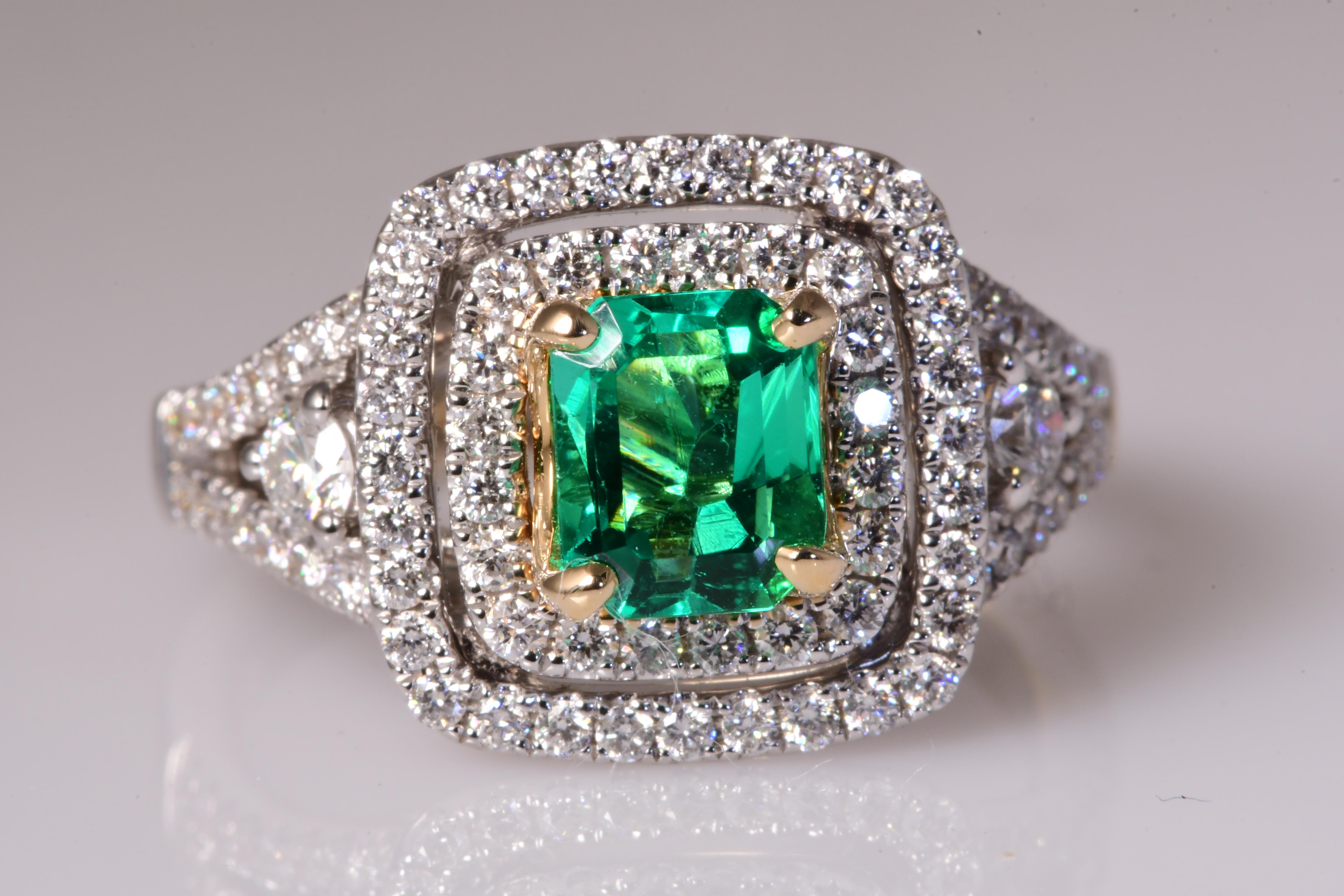 Natural Emerald 1.14 & Natural Diamond .87 Emerald Cut Halo White Gold 14K Ring 1