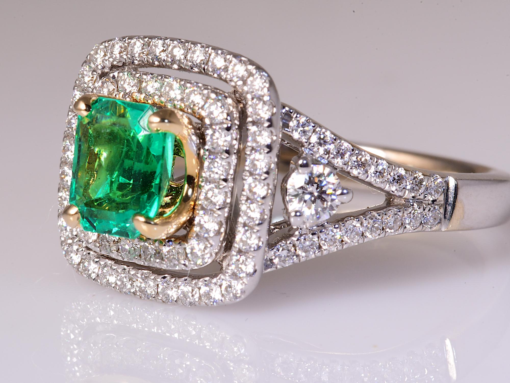 Modern Natural Emerald 1.14 & Natural Diamond .87 Emerald Cut Halo White Gold 14K Ring