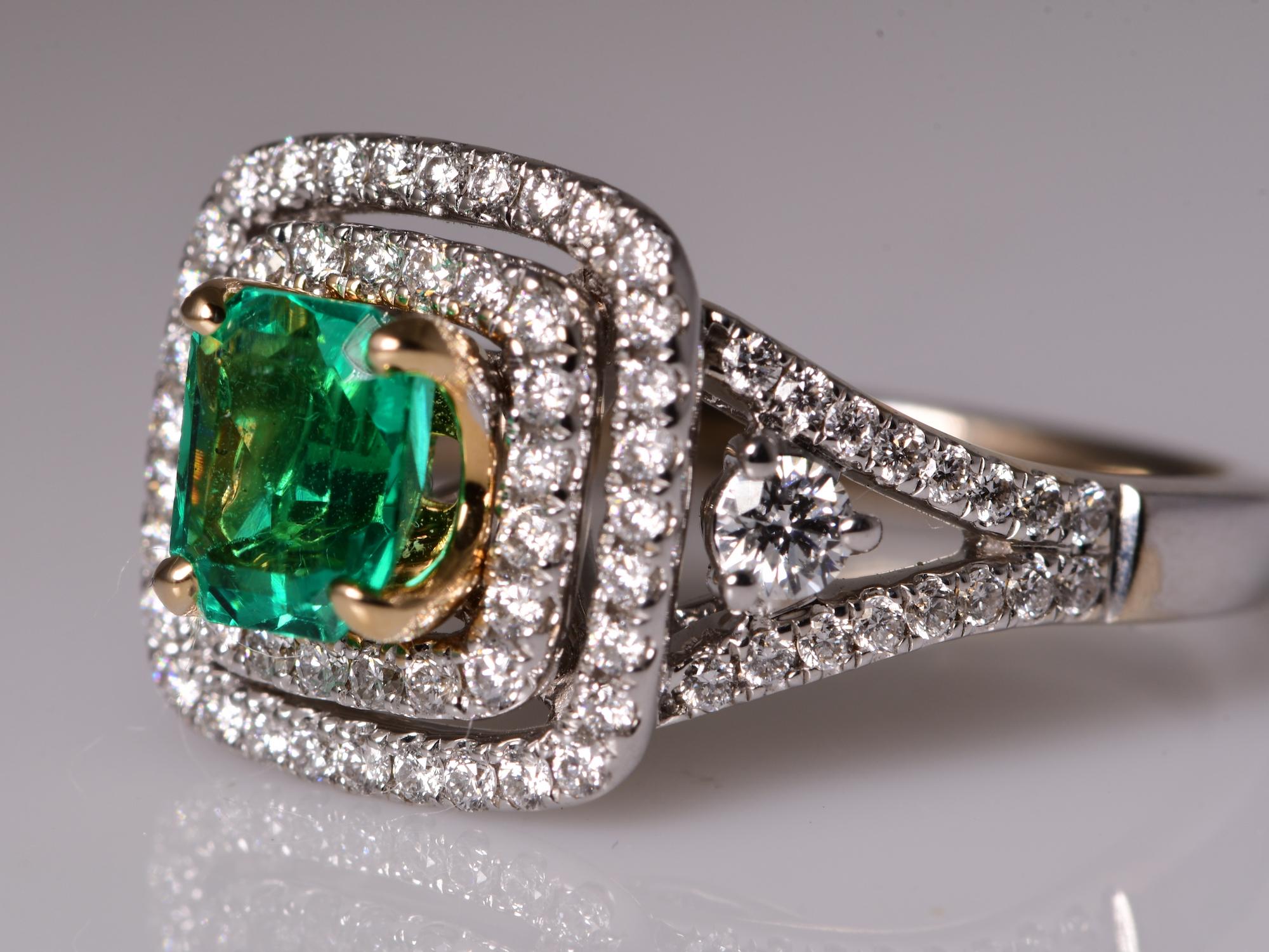 Women's Natural Emerald 1.14 & Natural Diamond .87 Emerald Cut Halo White Gold 14K Ring