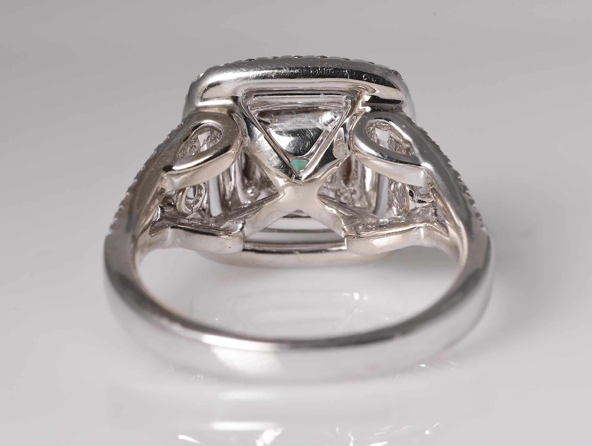 Natural Emerald 1.14 & Natural Diamond .87 Emerald Cut Halo White Gold 14K Ring In New Condition In Daytona Beach, FL
