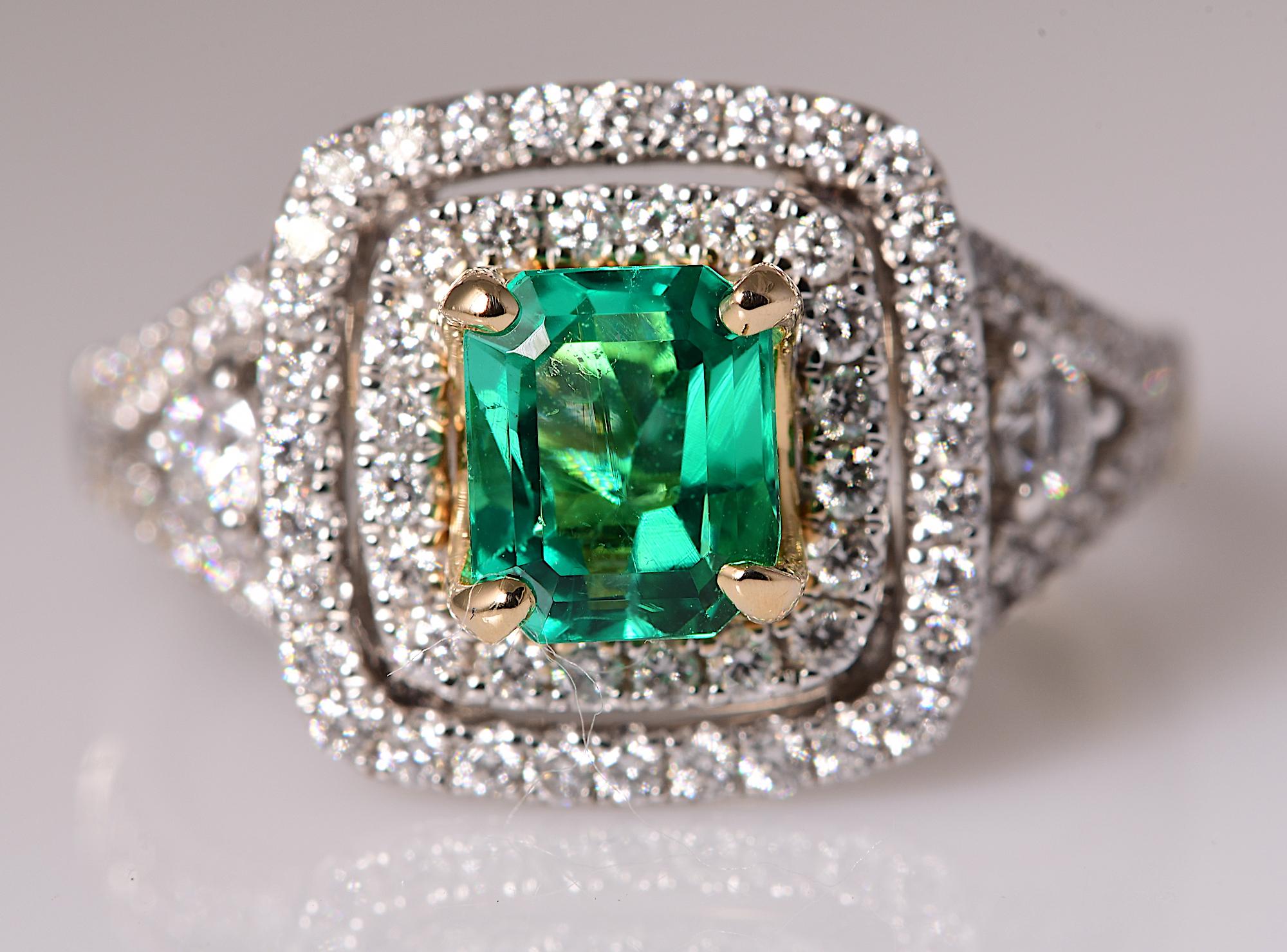 Natural Emerald 1.14 & Natural Diamond .87 Emerald Cut Halo White Gold 14K Ring

Era: Modern
Main Stone: Natural Emerald   TCW:  1.14   Clarity: VS1   Shape: Emerald Cut
Secondary Stone: Natural Diamond   TCW: .87   Color: GH   Clarity: SI1-I1  
