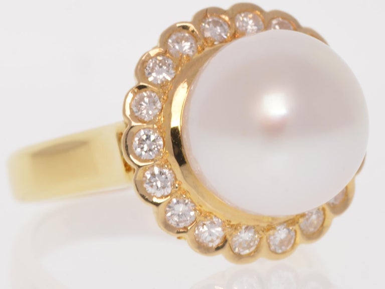 Pearl Halo Ring with Diamonds Yellow Gold 18 Karat For Sale at 1stdibs