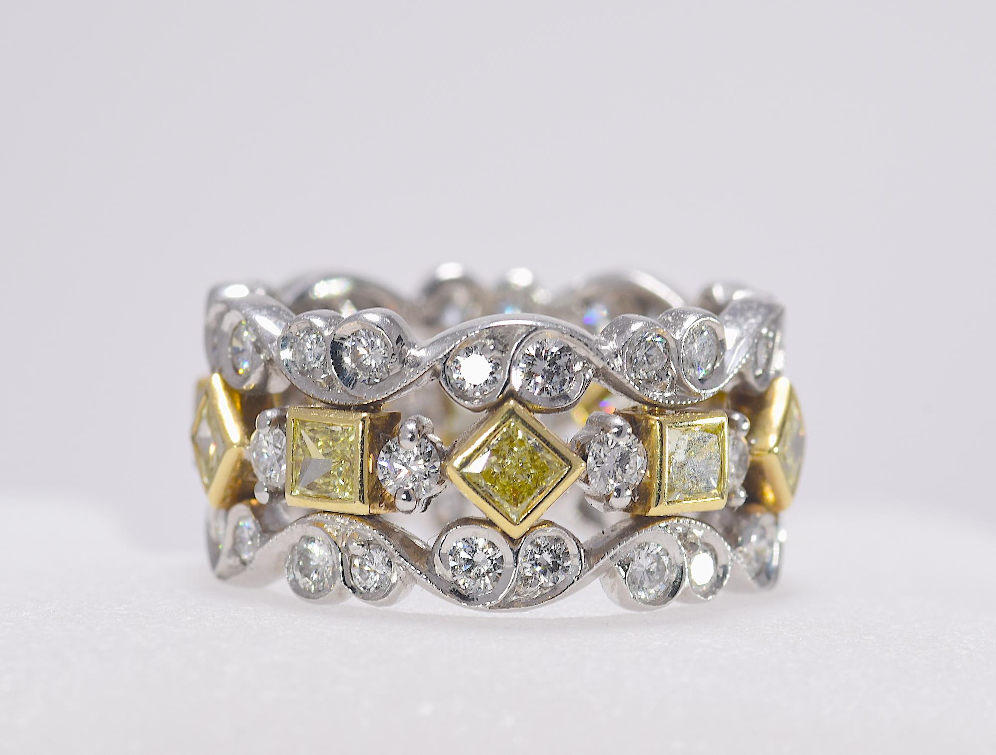 Jack Kelege Fancy Yellow & White Diamond Eternity Band 2.6 Carat TW  Plat/18K 
This exquisite Jack Kelege 18K yellow gold and platinum diamond eternity band is the perfect blend of shimmering diamonds, and artistic design.
The finger size is     .