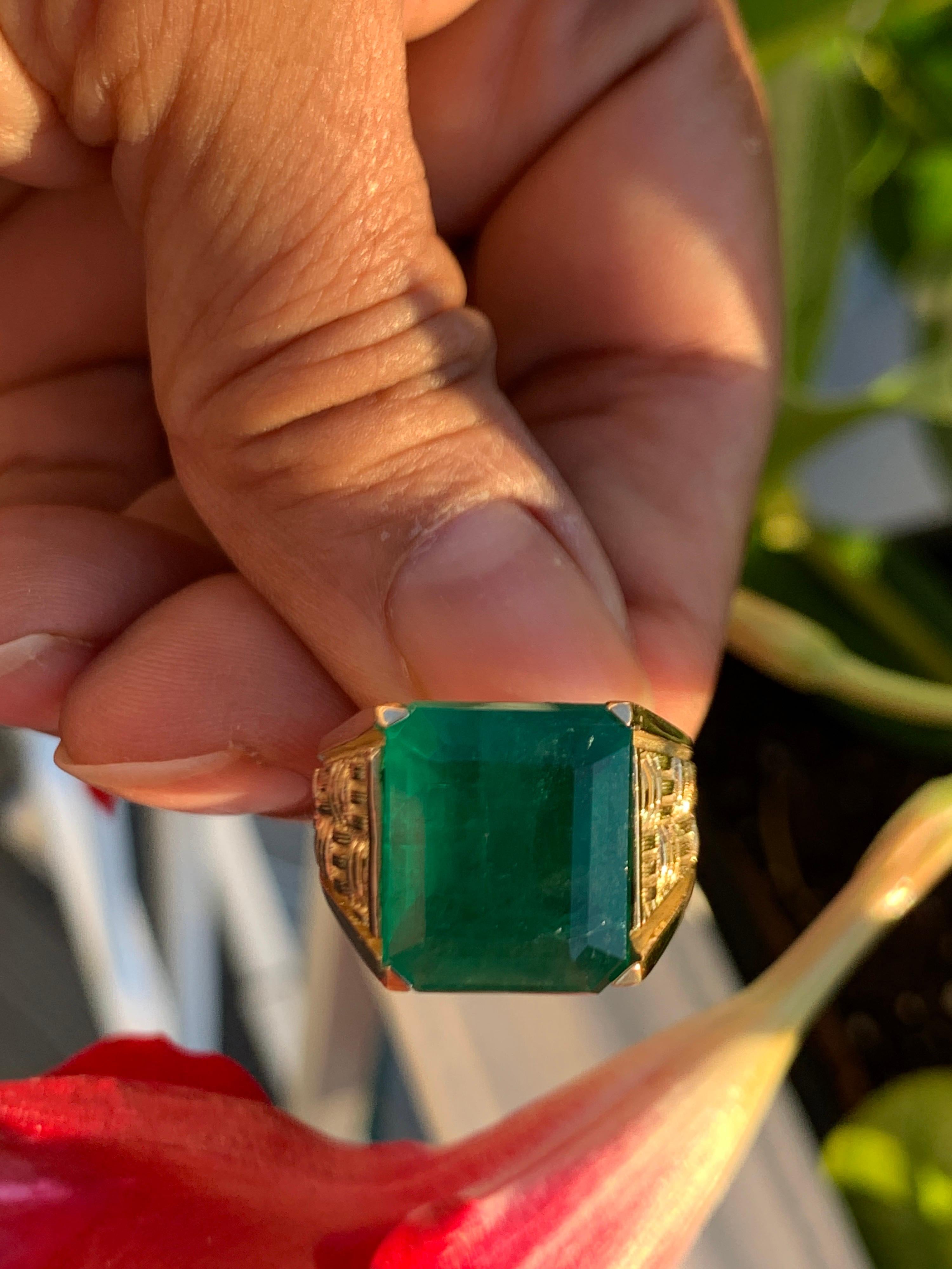 8.5 Carat Emerald Cut Brazilian Emerald 18 Karat Yellow Gold Men's Ring 4