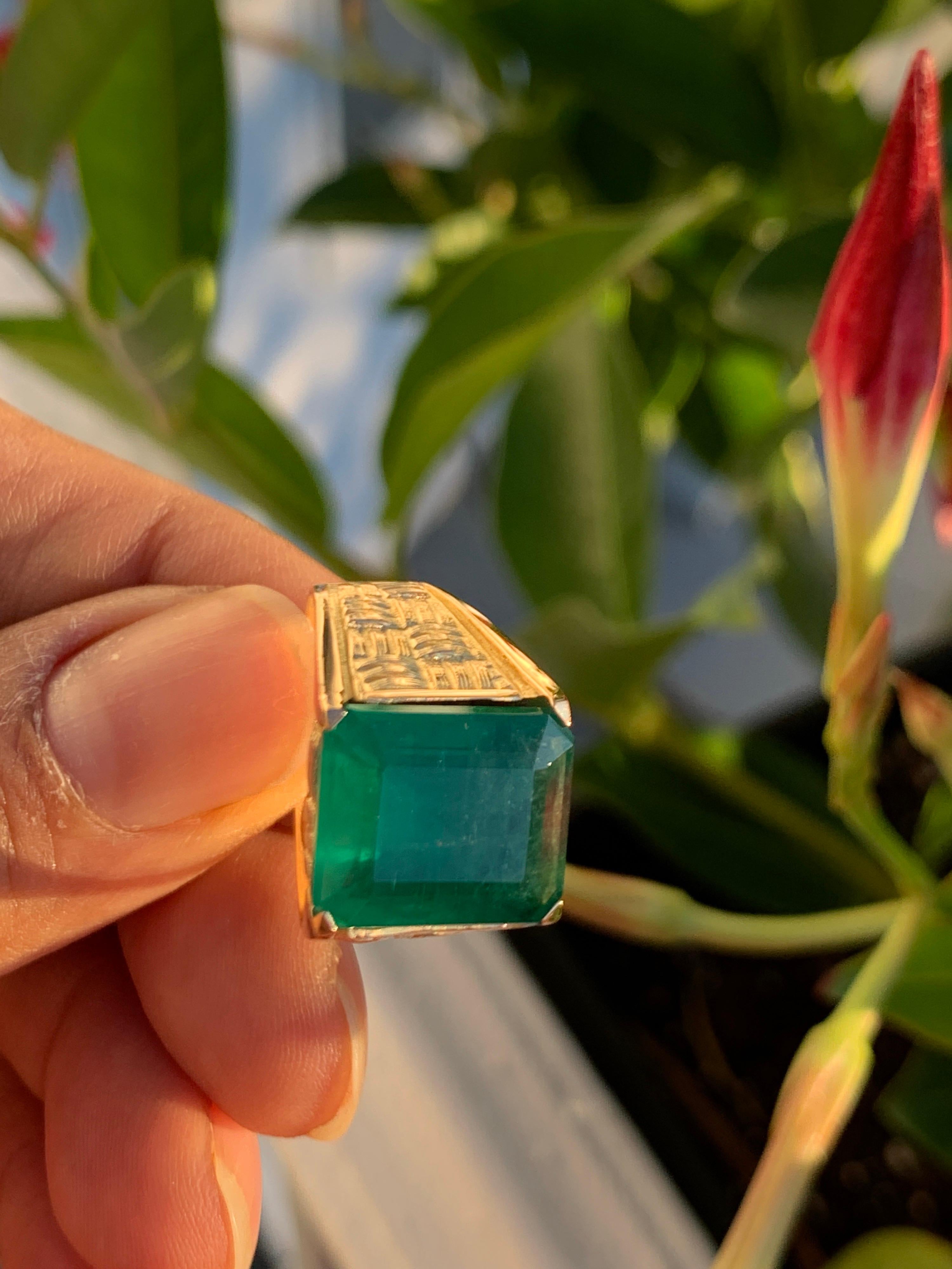 8.5 Carat Emerald Cut Brazilian Emerald 18 Karat Yellow Gold Men's Ring 5