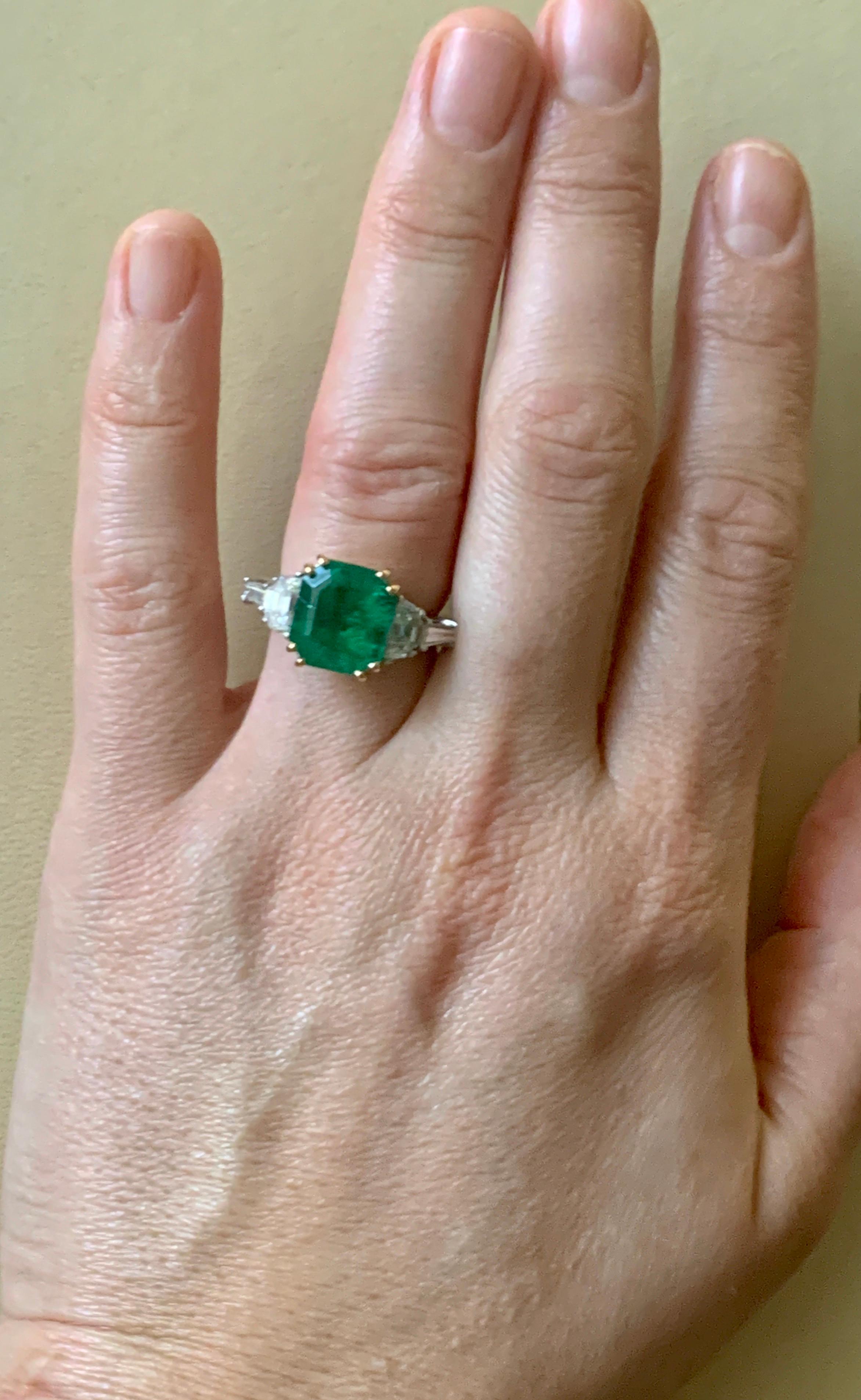 AGL Certified Minor 5.29 Ct Emerald Cut Colombian Emerald Diamond Platinum Ring For Sale 5