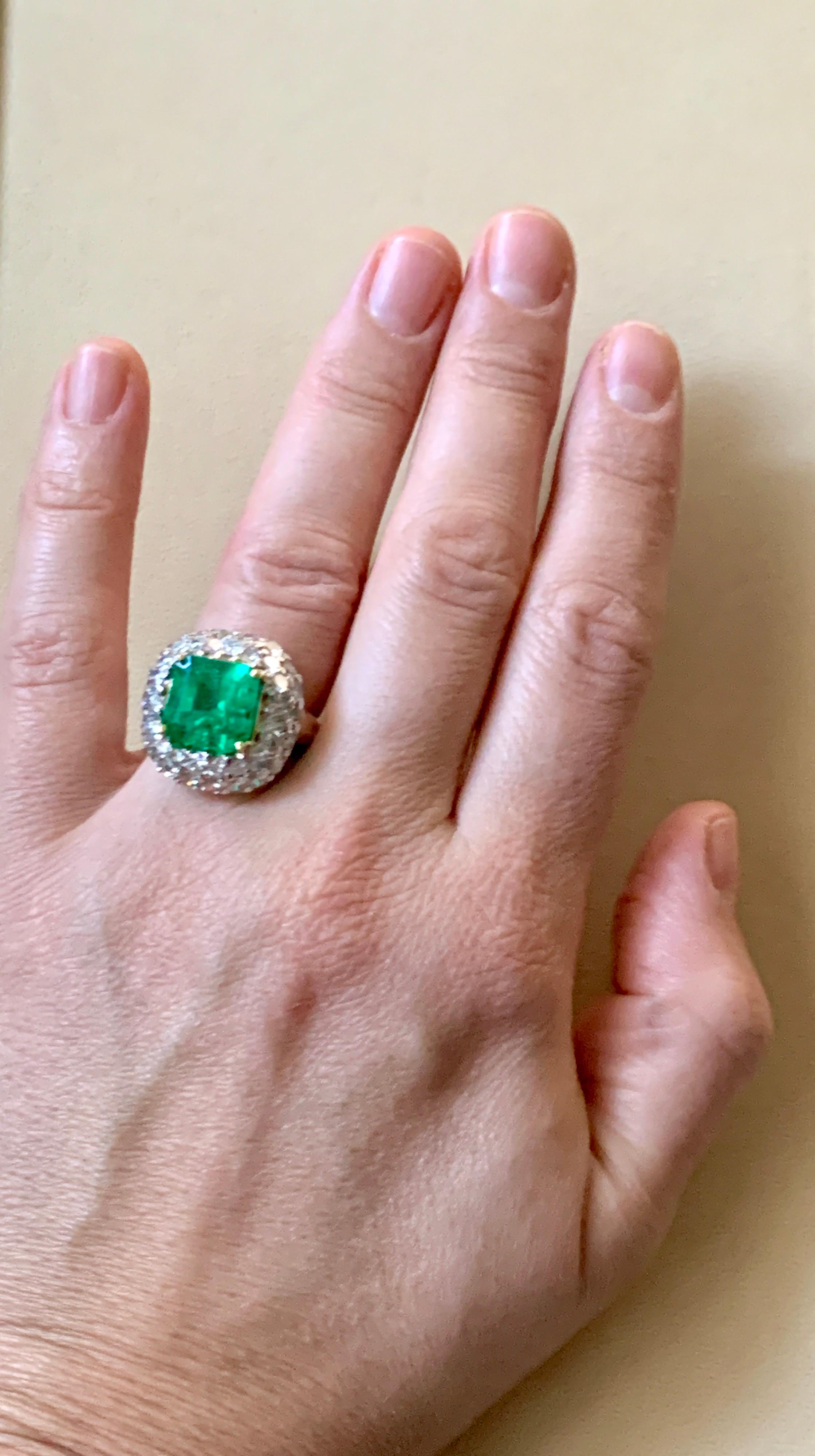 6 Carat Emerald Cut Colombian Emerald and 4 Carat Diamond Ring Platinum Two-Tone 12
