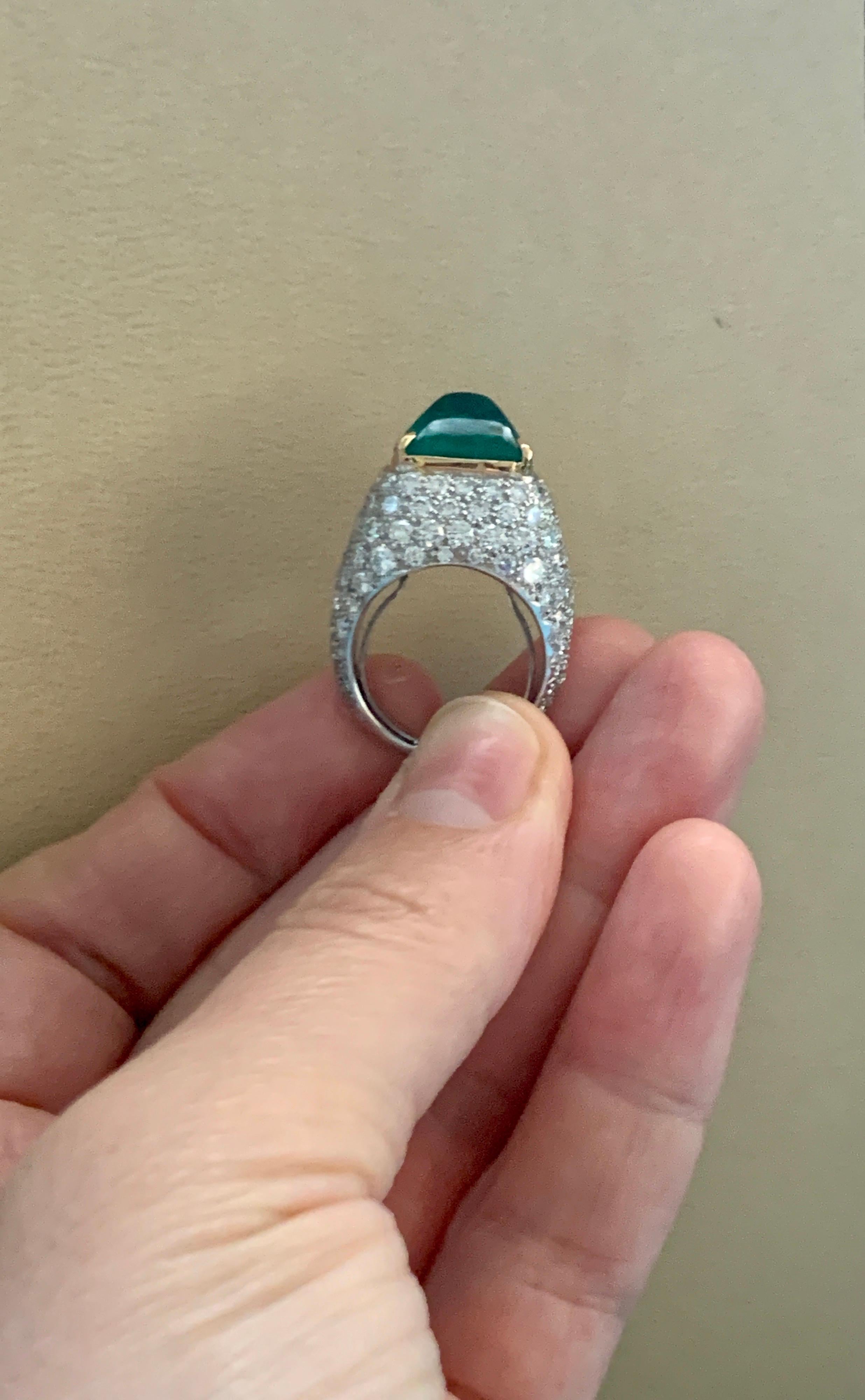 GIA Certified 10 Ct Sugar Loaf Cabochon Colombian Emerald Diamond  Ring Platinum 2