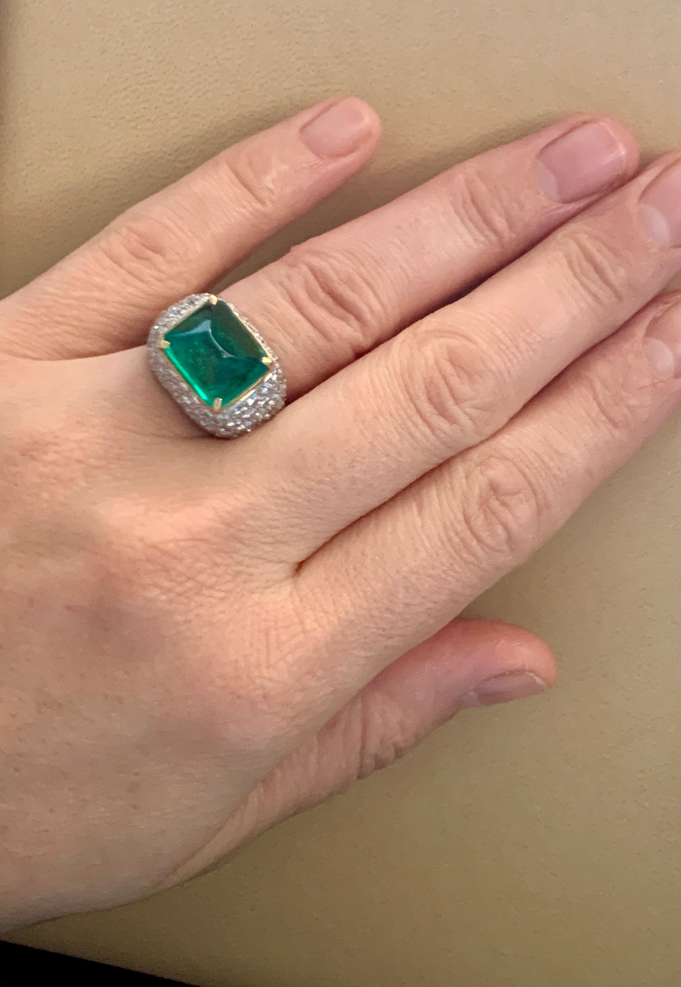 GIA Certified 10 Ct Sugar Loaf Cabochon Colombian Emerald Diamond  Ring Platinum 6