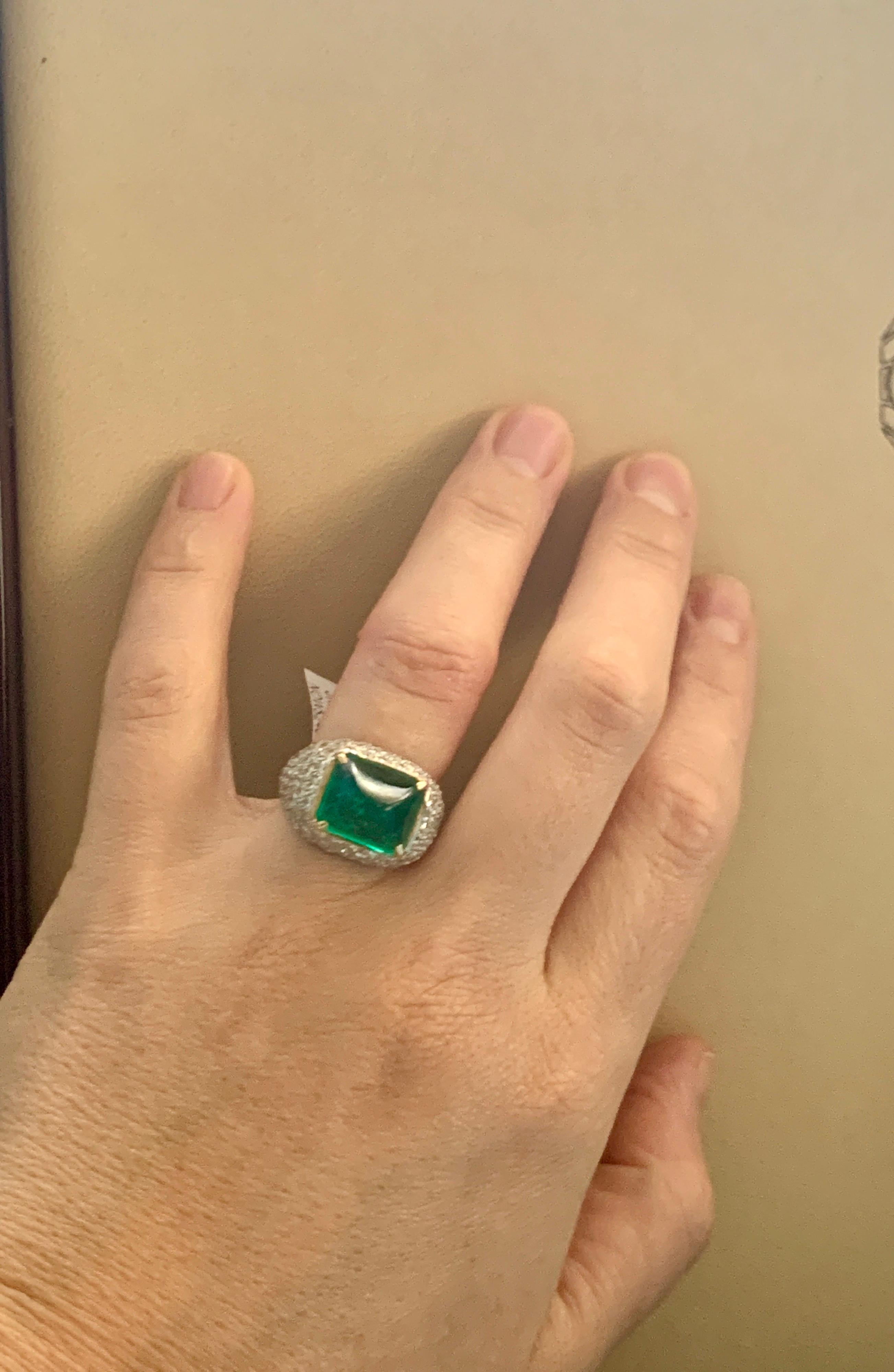 GIA Certified 10 Ct Sugar Loaf Cabochon Colombian Emerald Diamond  Ring Platinum 7