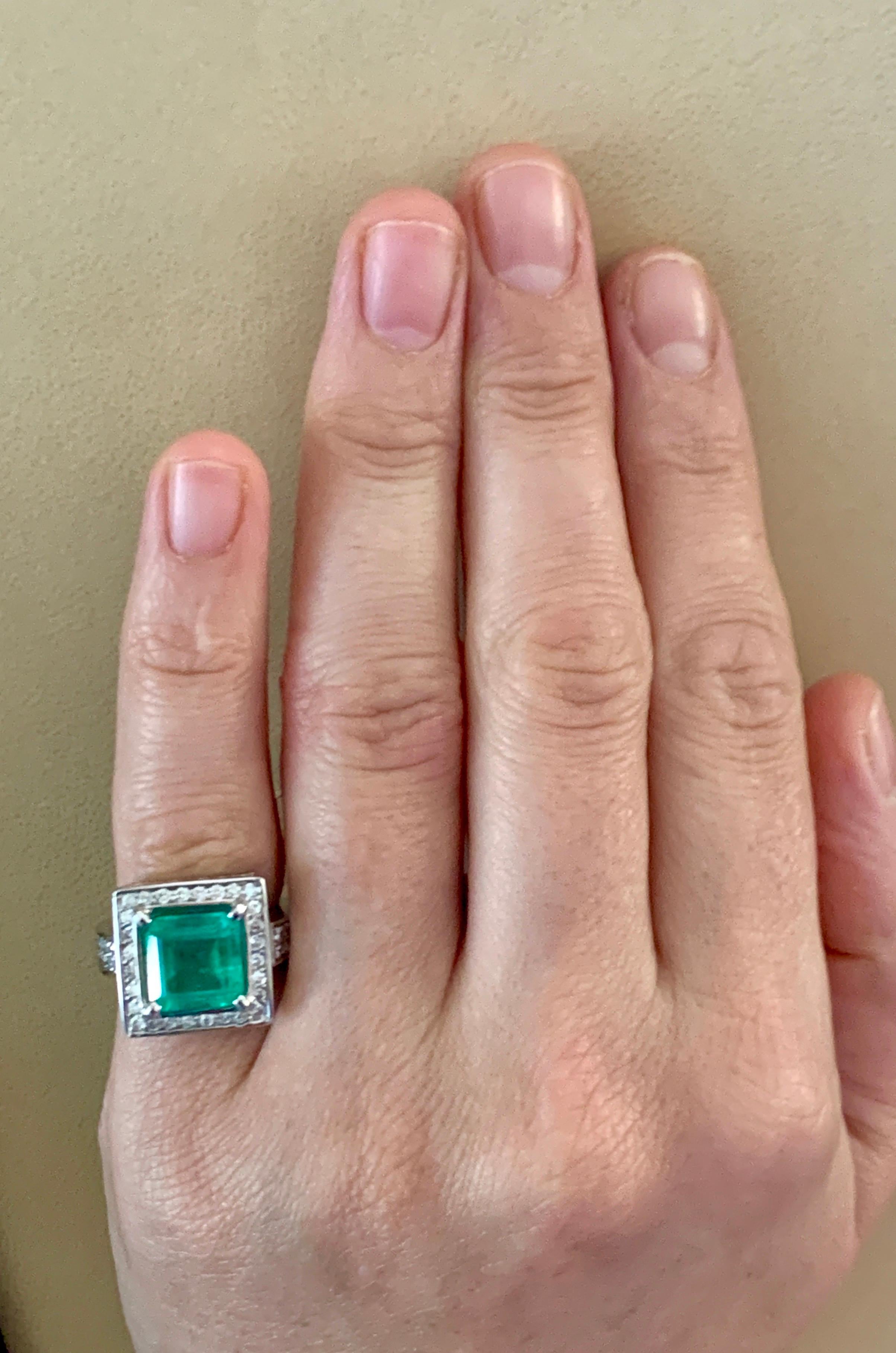 4 Carat Emerald Cut Colombian Emerald and Diamond Ring 14 Karat Gold Estate For Sale 3