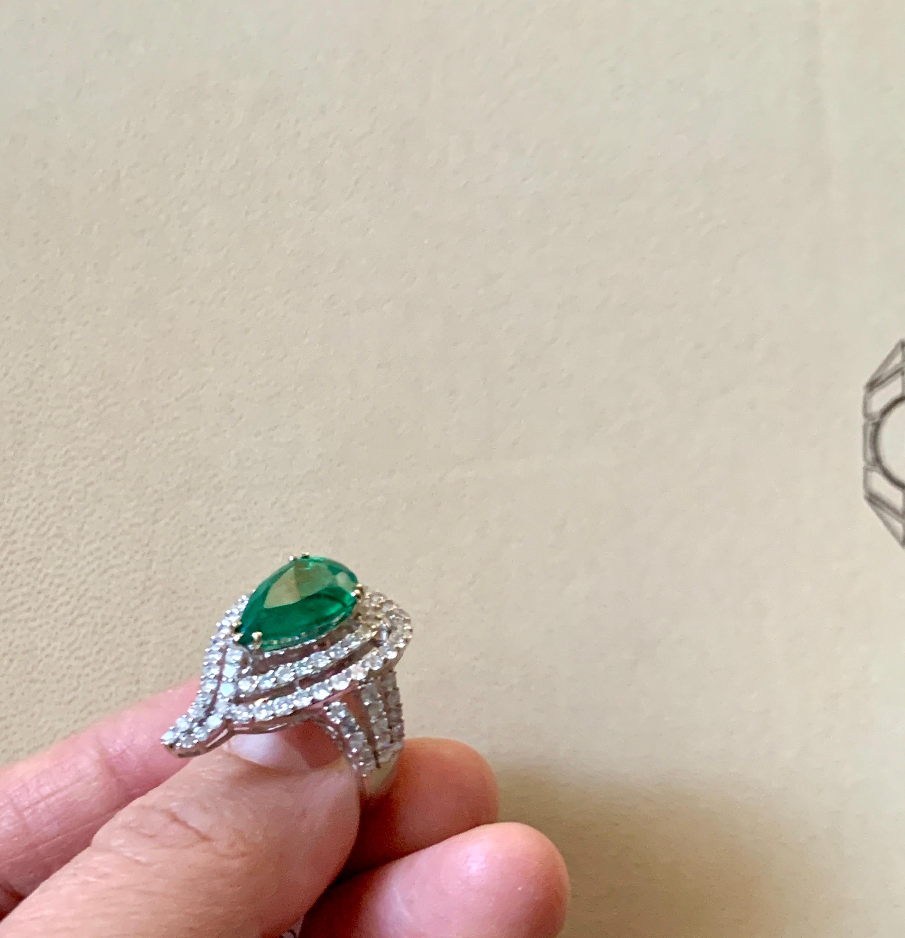 3.93 Carat Pear Colombian Emerald and Diamond 18 Karat White Gold Ring Estate For Sale 1