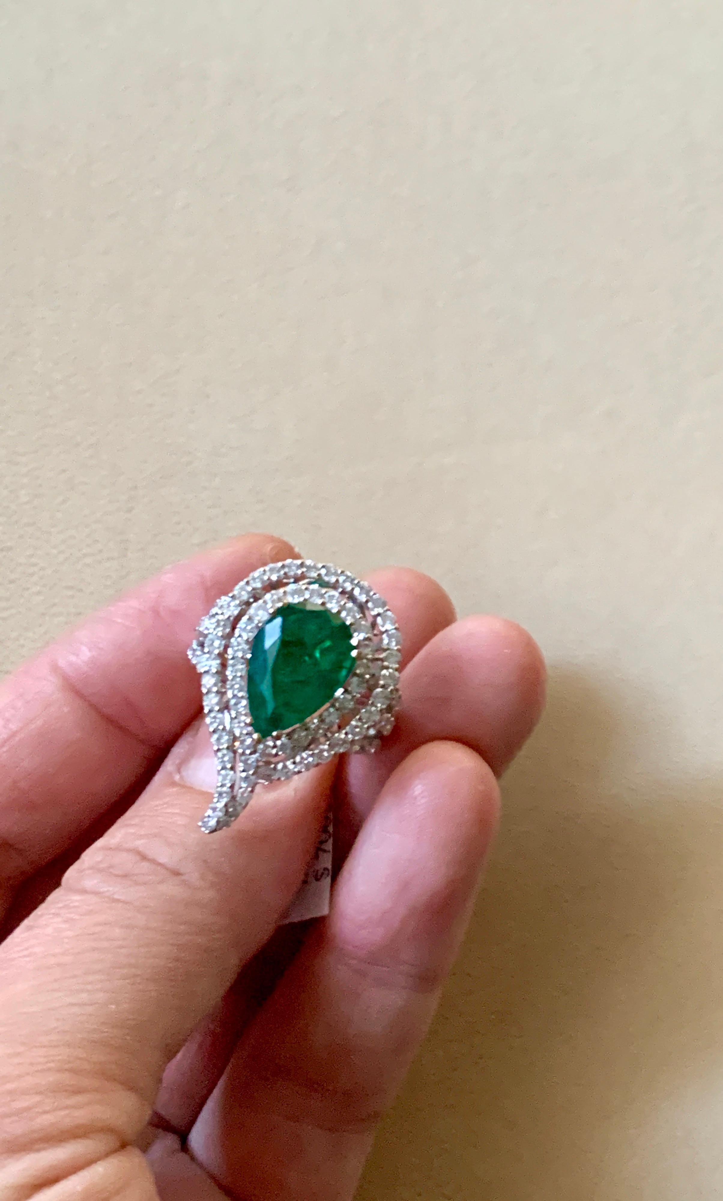 3.93 Carat Pear Colombian Emerald and Diamond 18 Karat White Gold Ring Estate For Sale 2