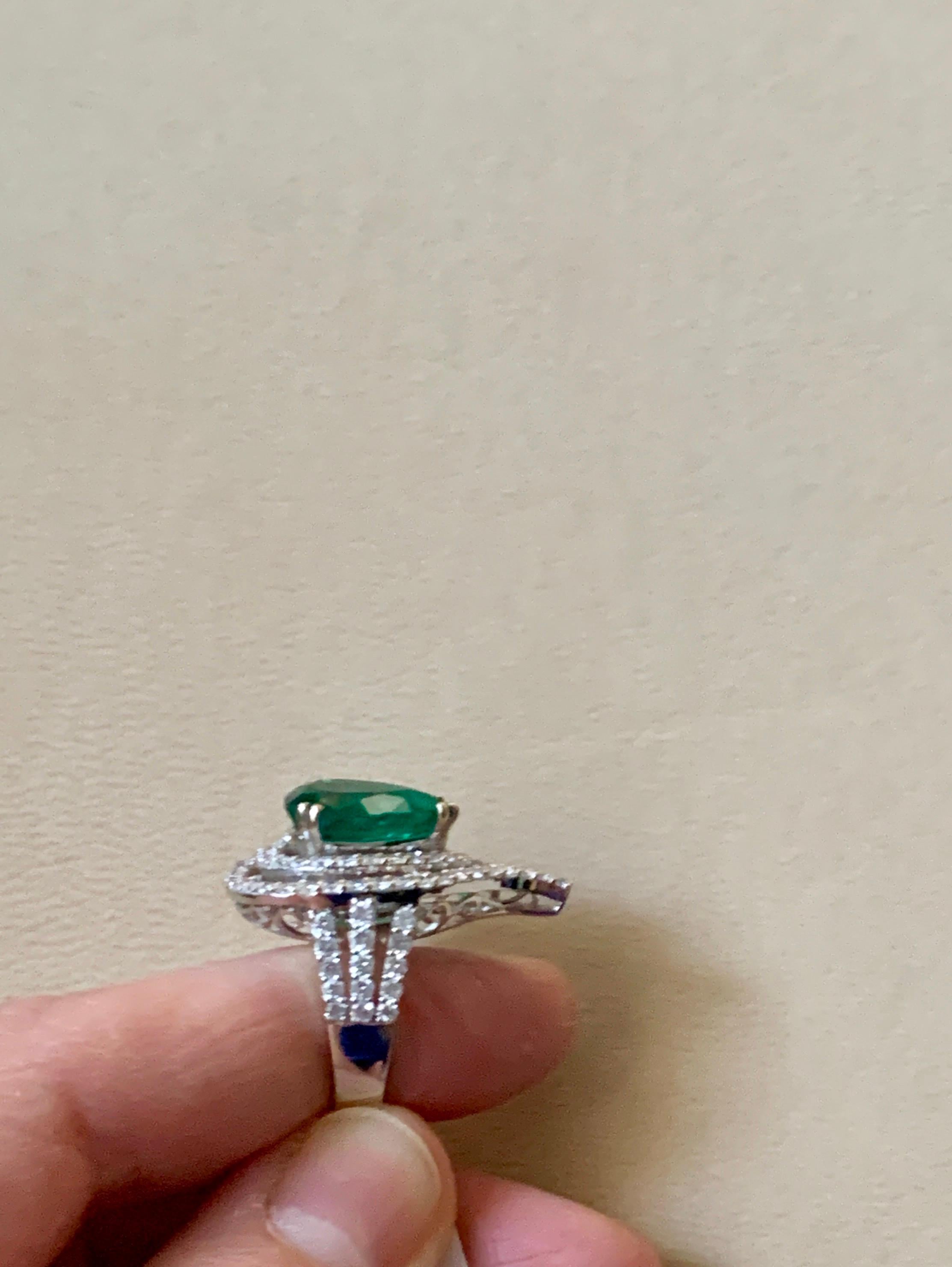 3.93 Carat Pear Colombian Emerald and Diamond 18 Karat White Gold Ring Estate For Sale 3