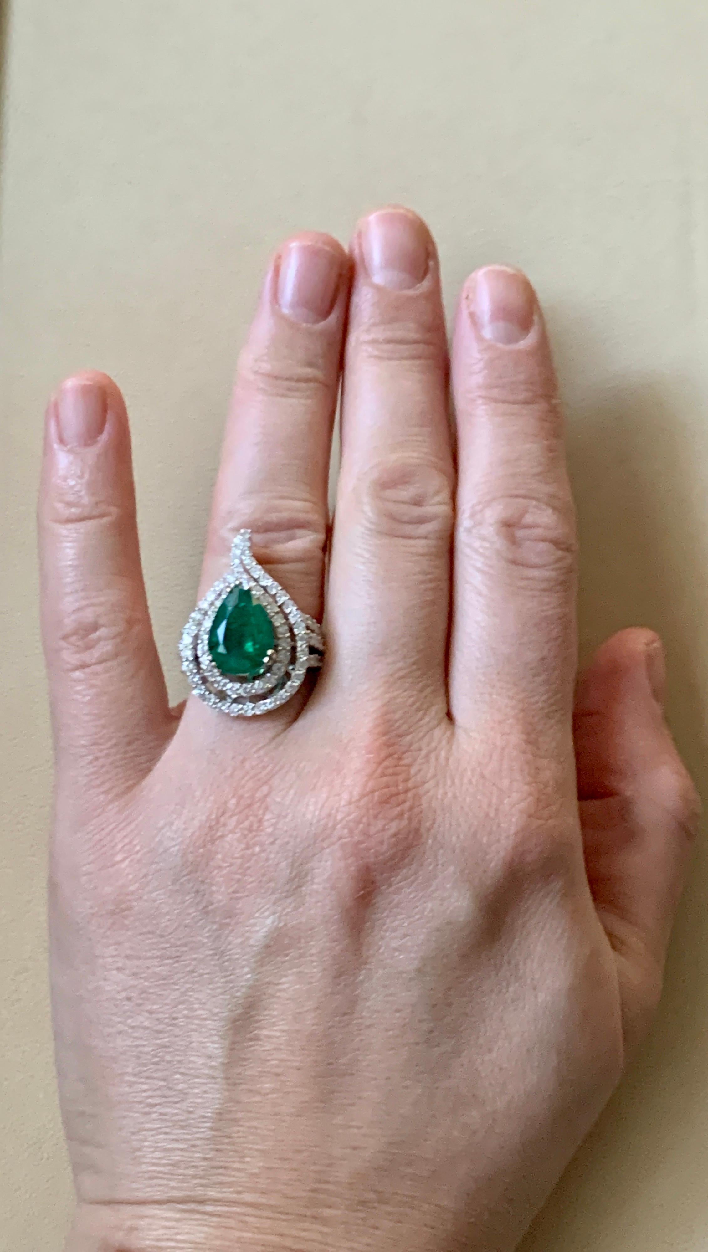 3.93 Carat Pear Colombian Emerald and Diamond 18 Karat White Gold Ring Estate For Sale 6