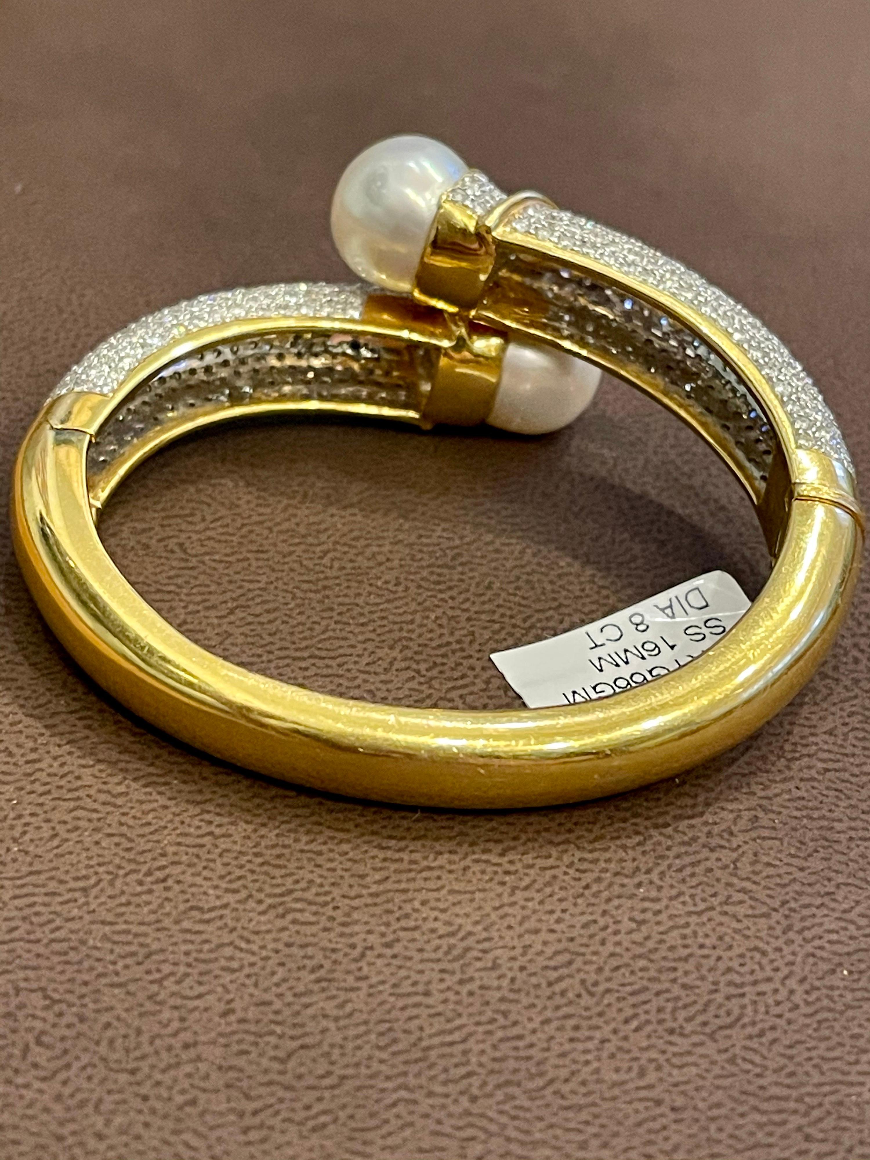 South Sea Pearl and 8 Carat Diamond Bangle in 18 Karat Yellow Gold Estate For Sale 5