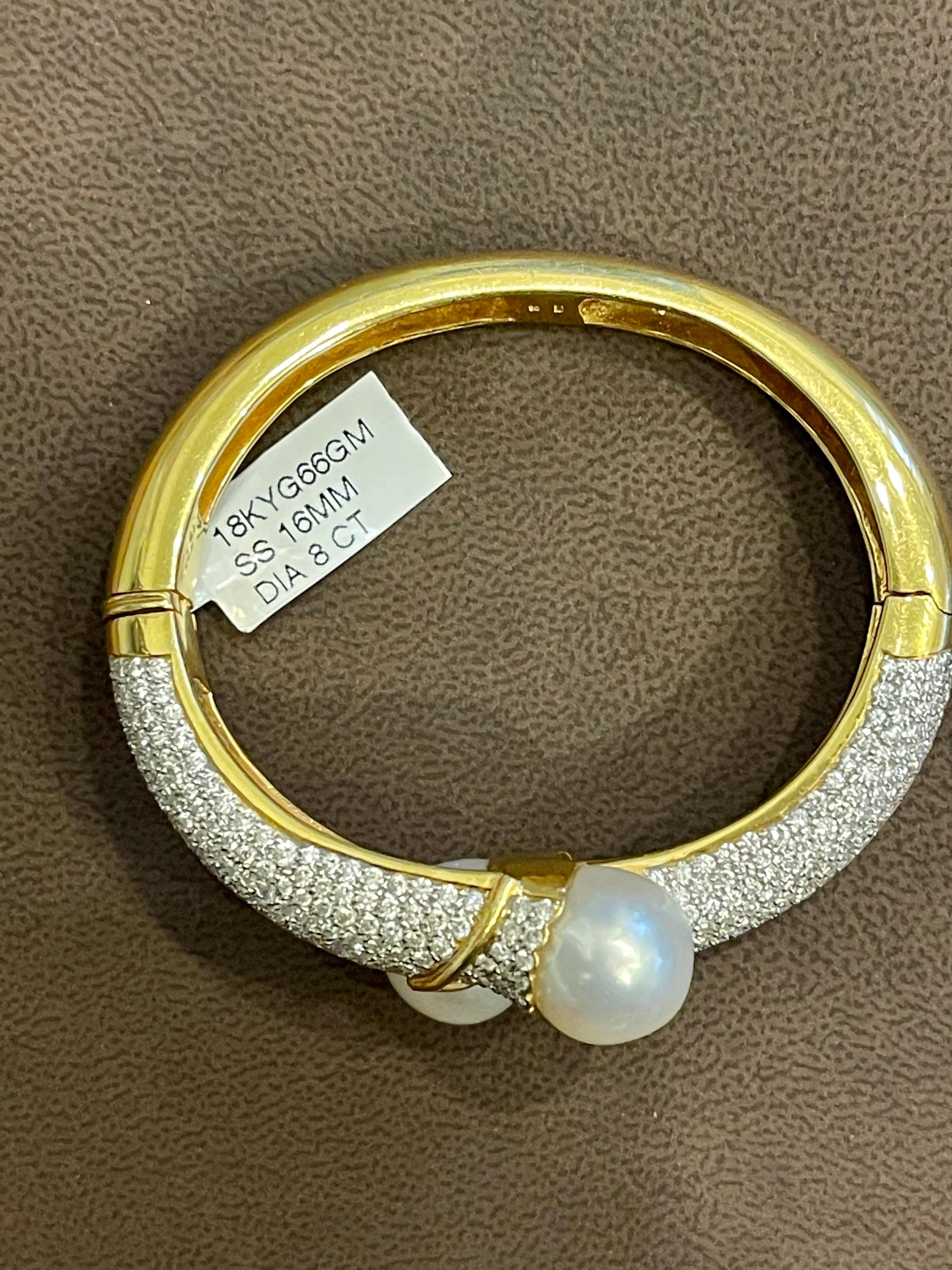 South Sea Pearl and 8 Carat Diamond Bangle in 18 Karat Yellow Gold Estate For Sale 6