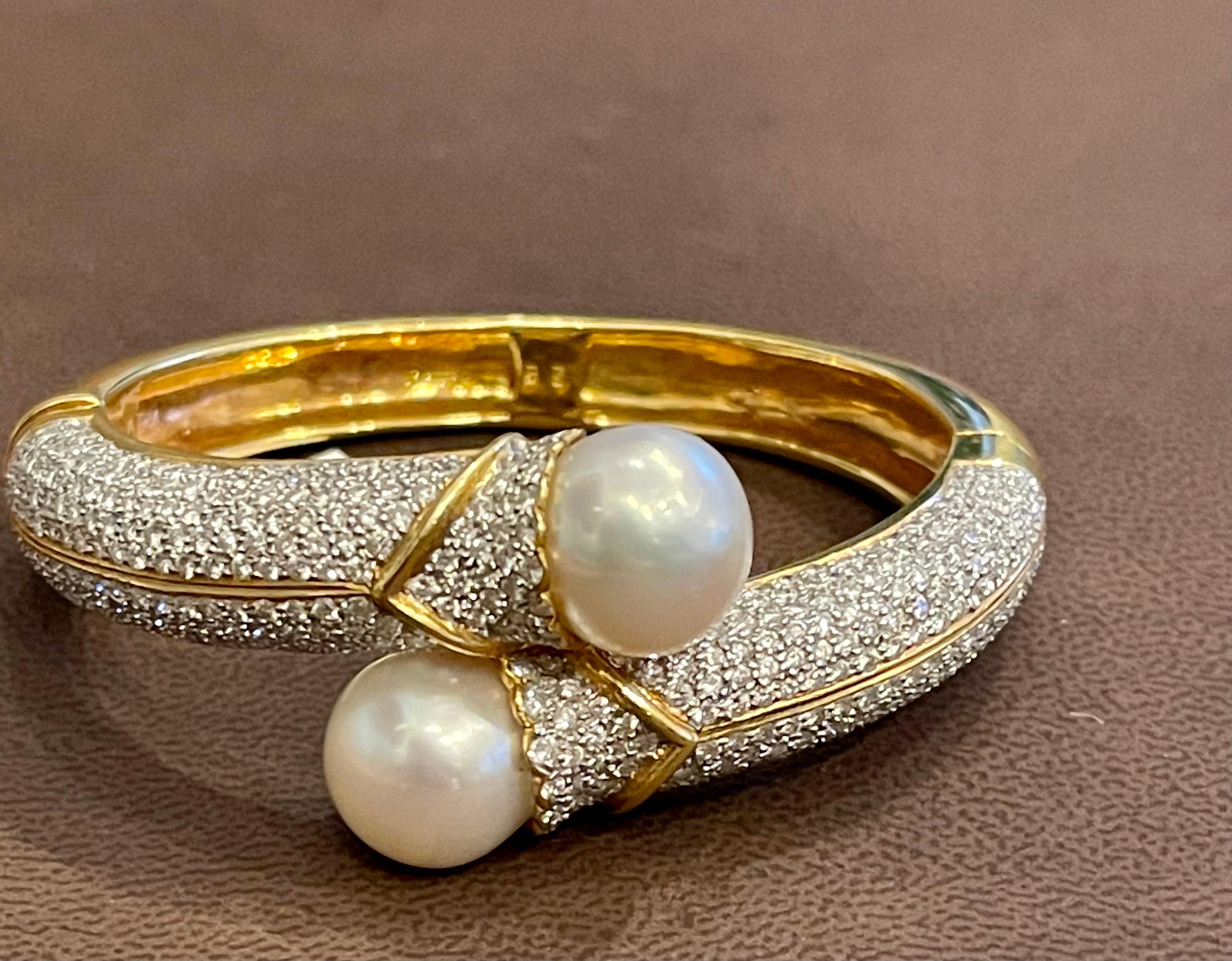 South Sea Pearl and 8 Carat Diamond Bangle in 18 Karat Yellow Gold Estate For Sale 7