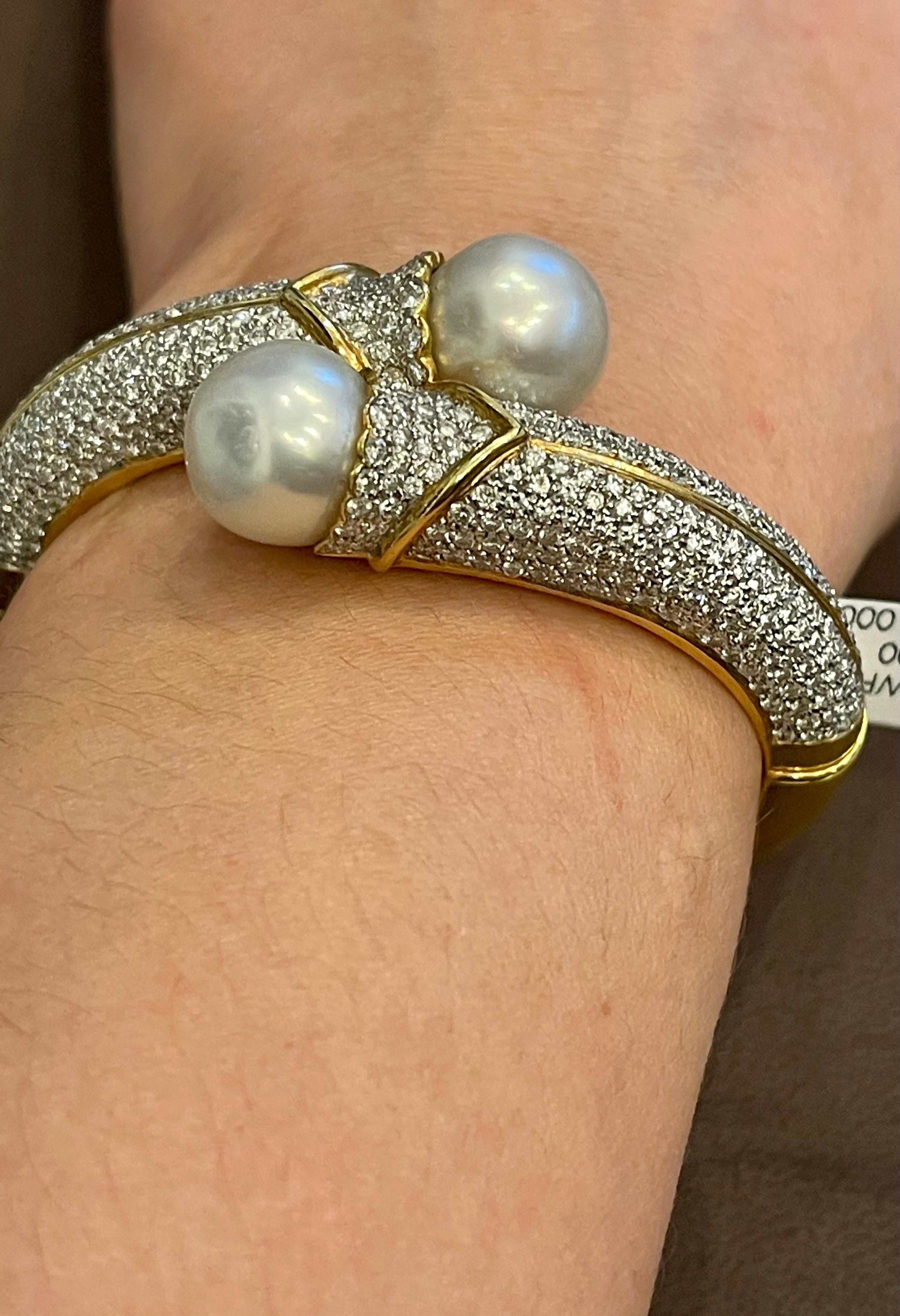 South Sea Pearl and 8 Carat Diamond Bangle in 18 Karat Yellow Gold Estate For Sale 8