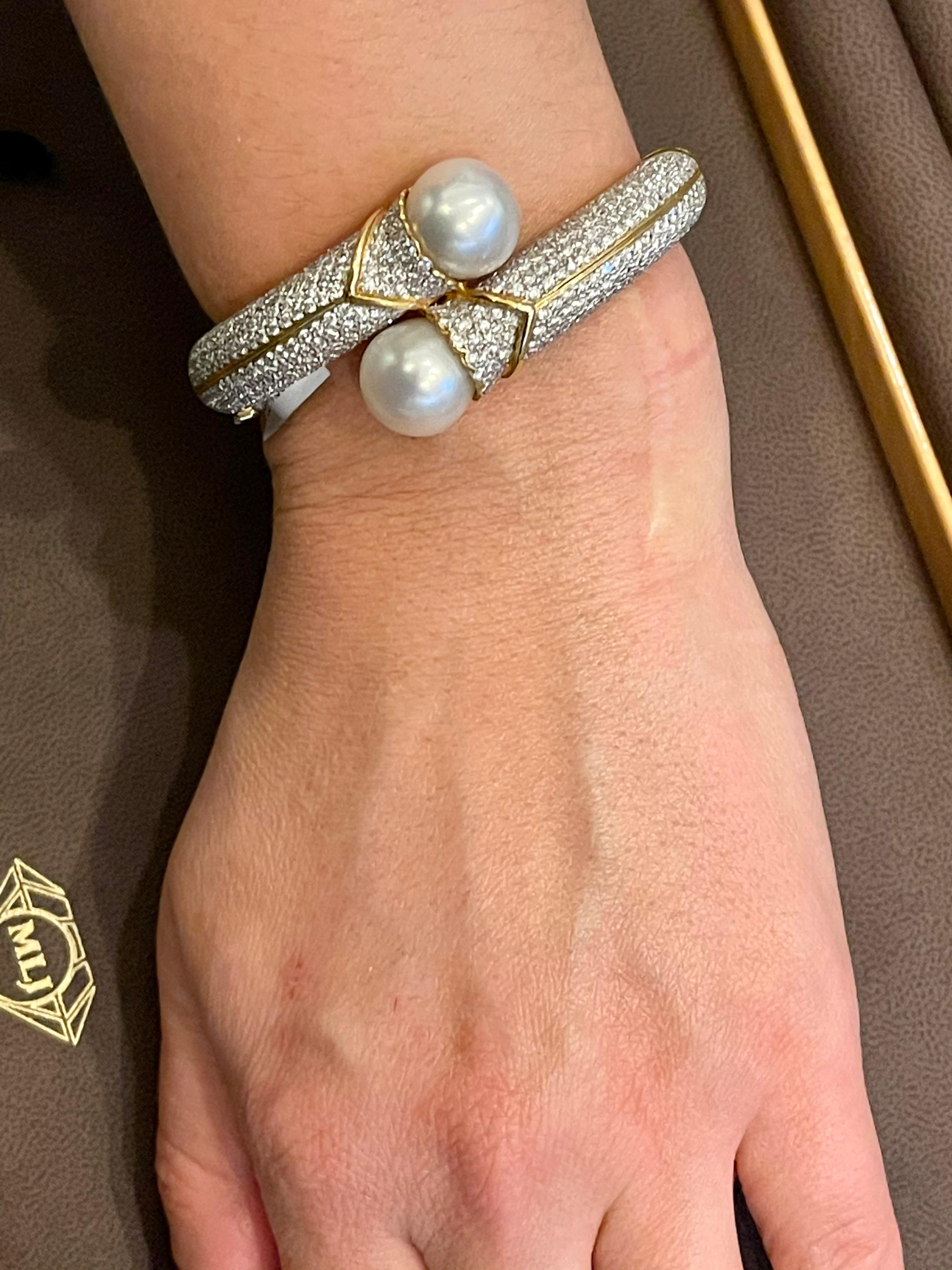 South Sea Pearl and 8 Carat Diamond Bangle in 18 Karat Yellow Gold Estate For Sale 9
