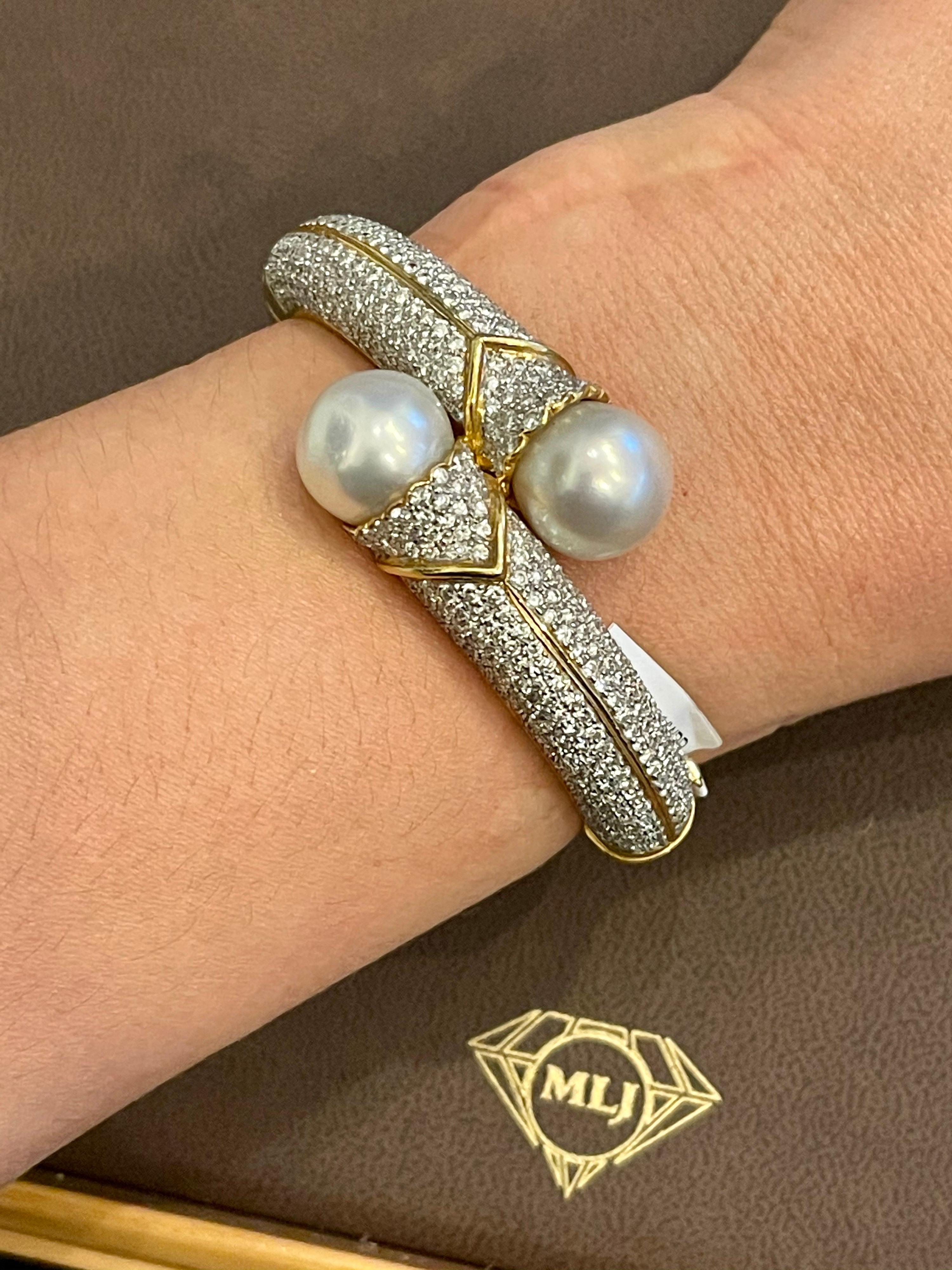 South Sea Pearl and 8 Carat Diamond Bangle in 18 Karat Yellow Gold Estate For Sale 10