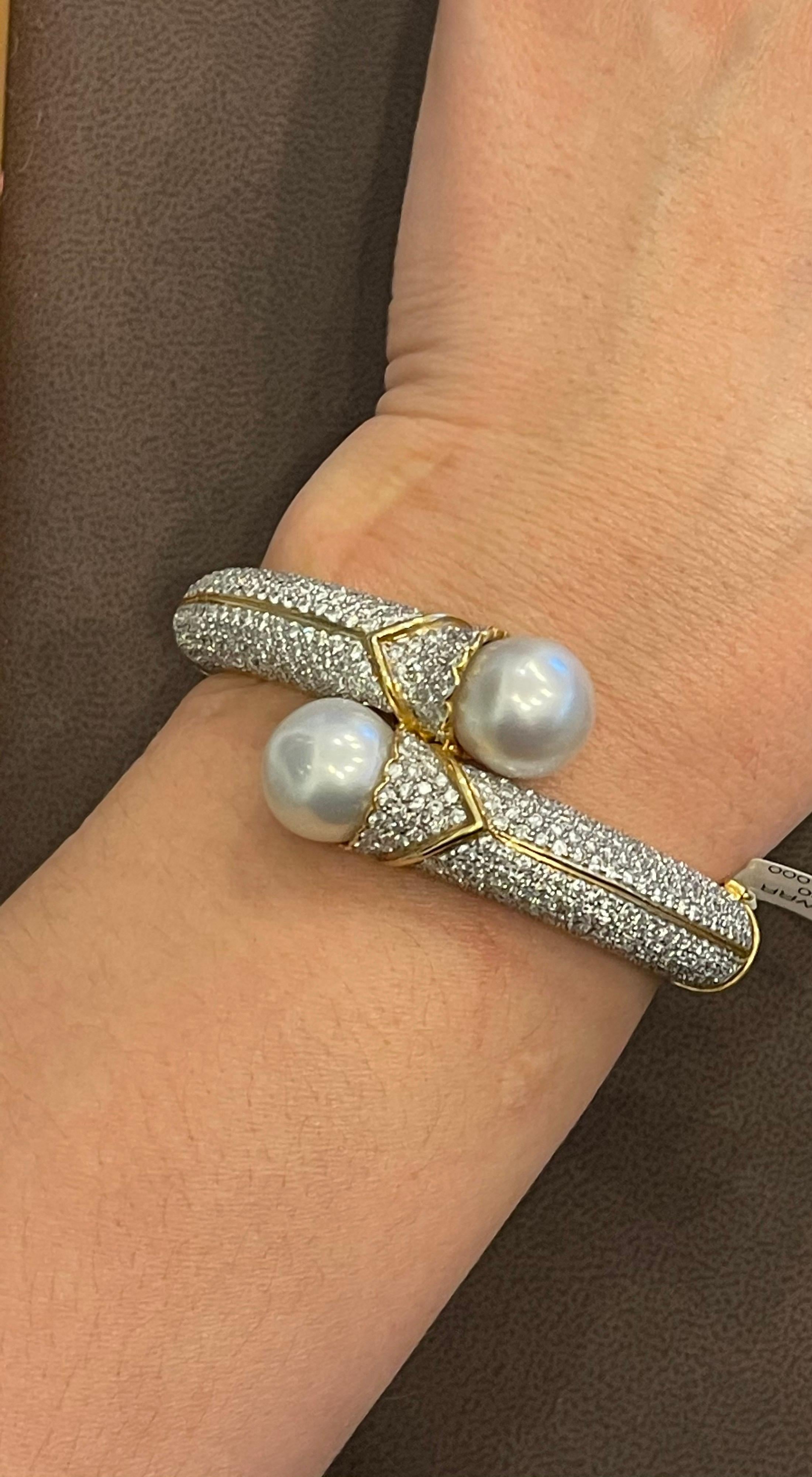 South Sea Pearl and 8 Carat Diamond Bangle in 18 Karat Yellow Gold Estate For Sale 11