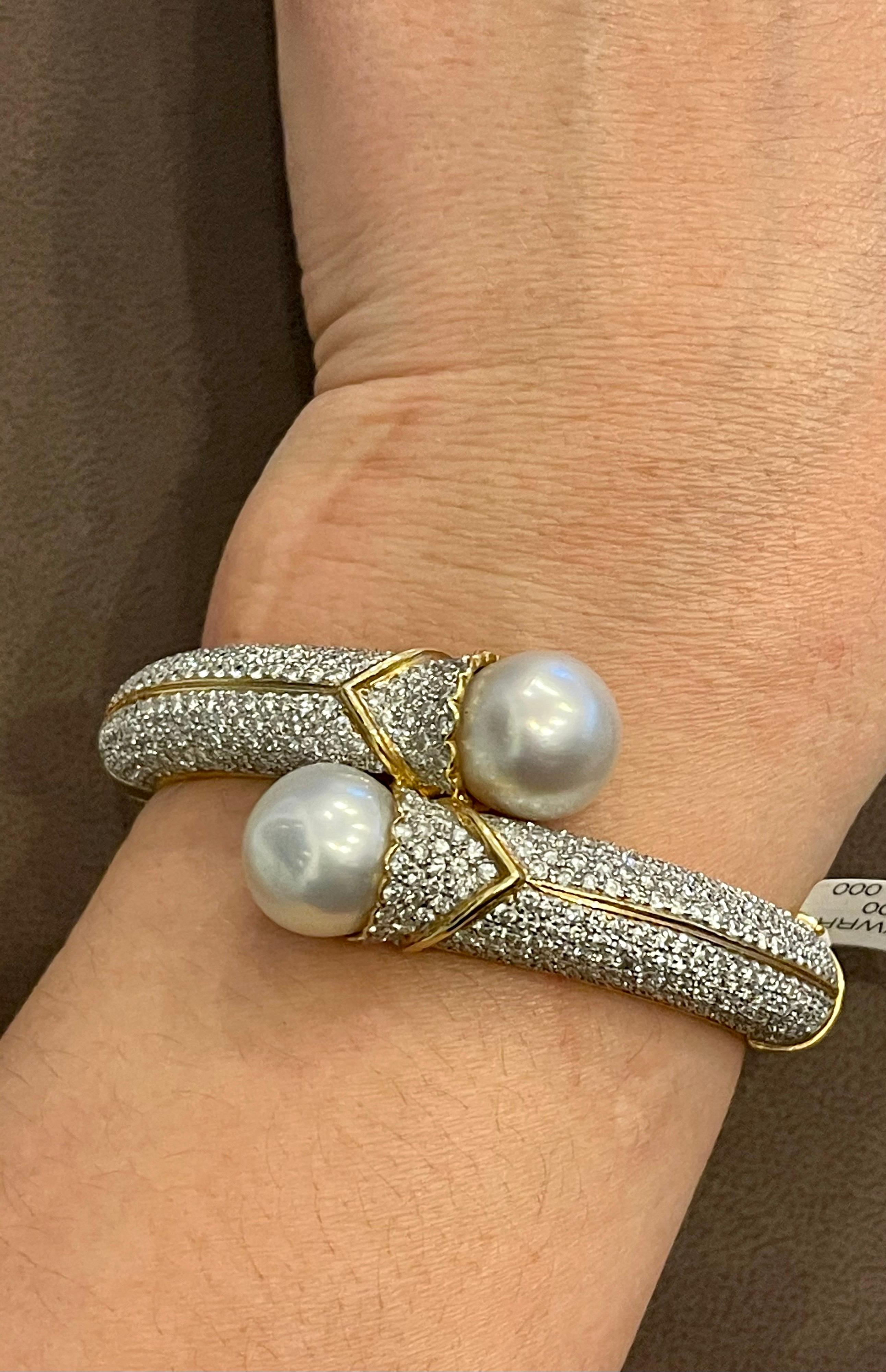 South Sea Pearl and 8 Carat Diamond Bangle in 18 Karat Yellow Gold Estate For Sale 12