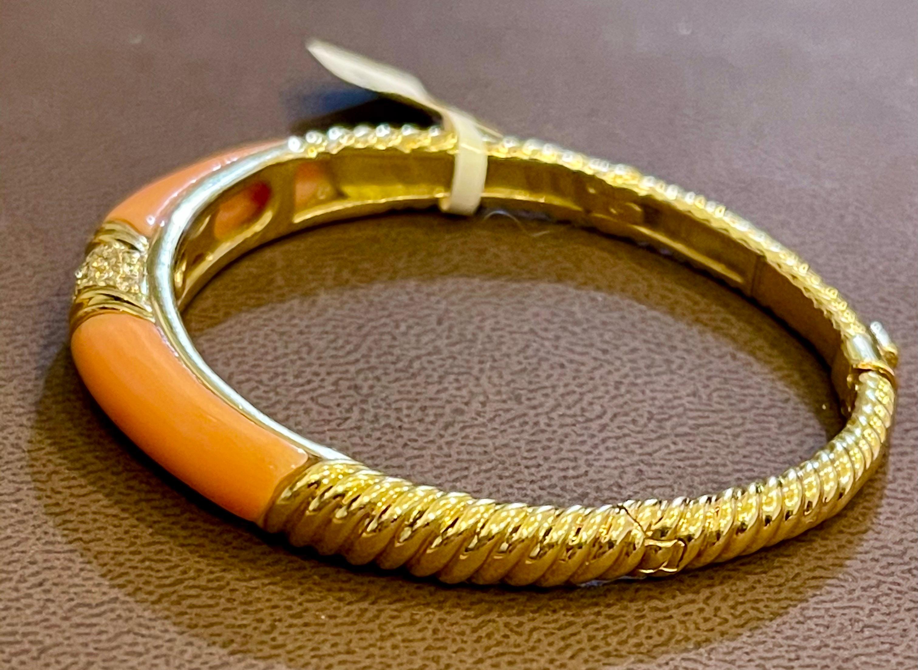 Natural Pink Coral and Diamond Cuff Bangle Bracelet in 18 Karat Yellow Gold For Sale 3