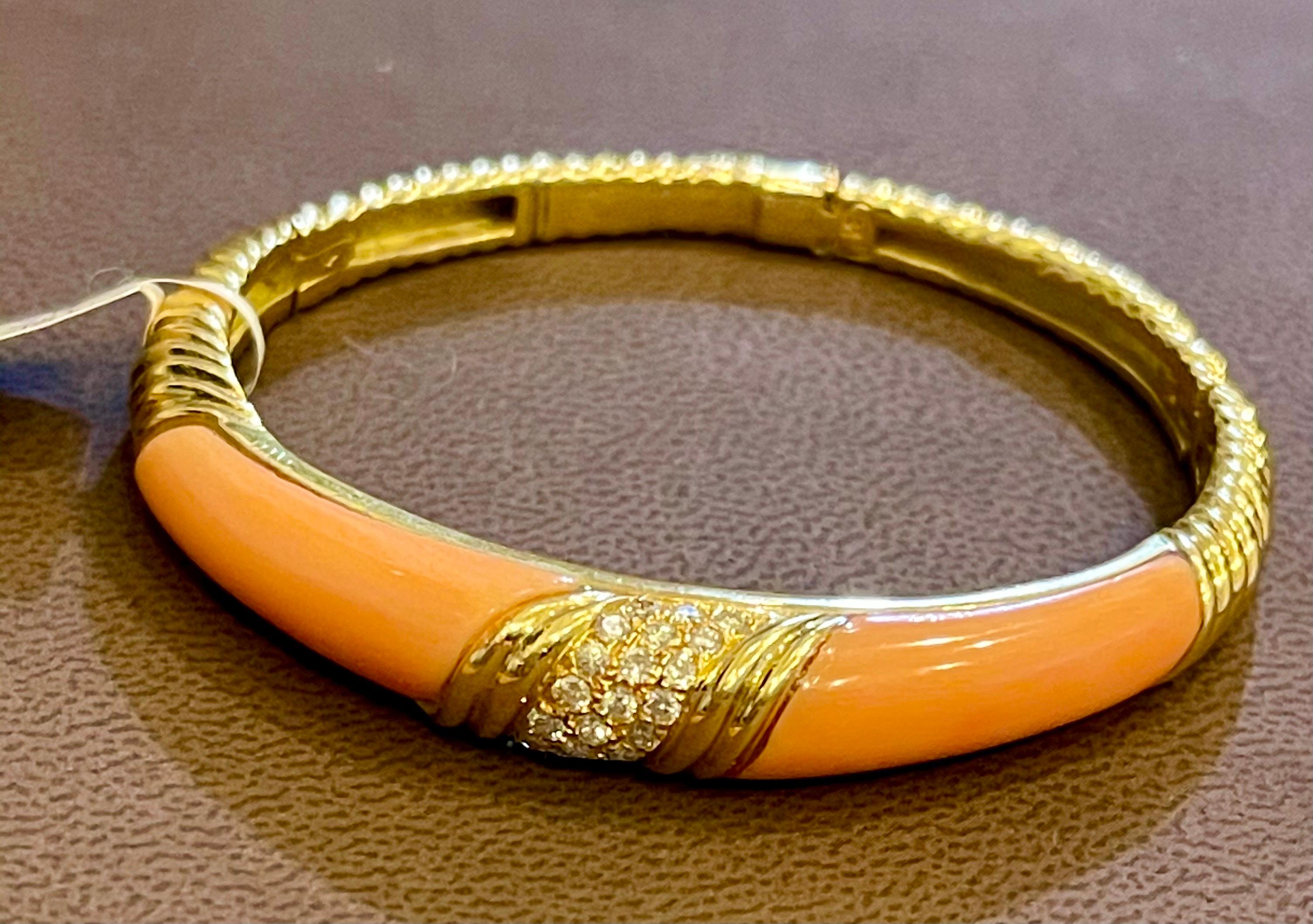 Natural Pink Coral and Diamond Cuff Bangle Bracelet in 18 Karat Yellow Gold For Sale 2