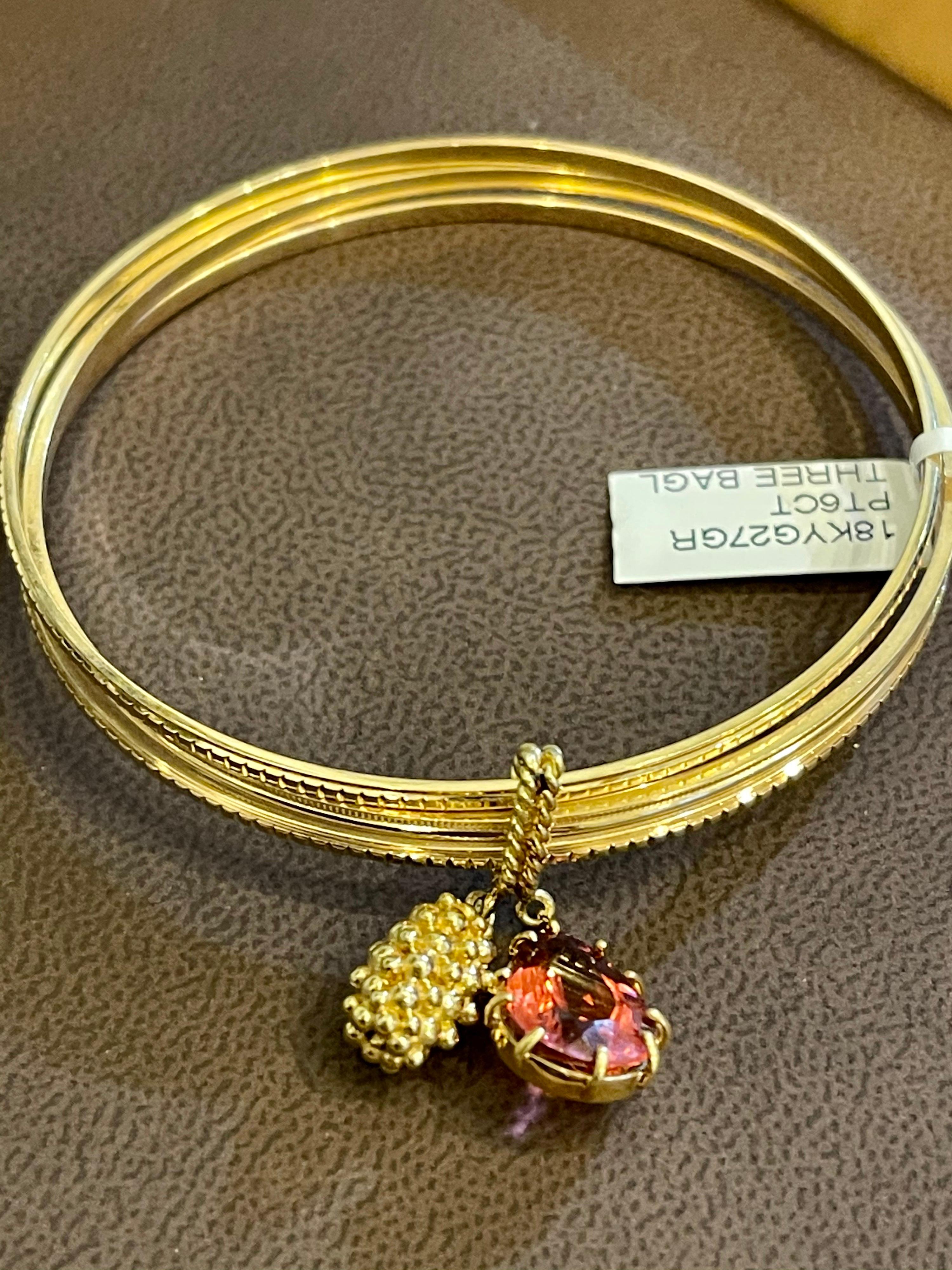 Magnificent Three Yellow Gold Bangle Attached by Pink Tourmaline and Gold Charm 7