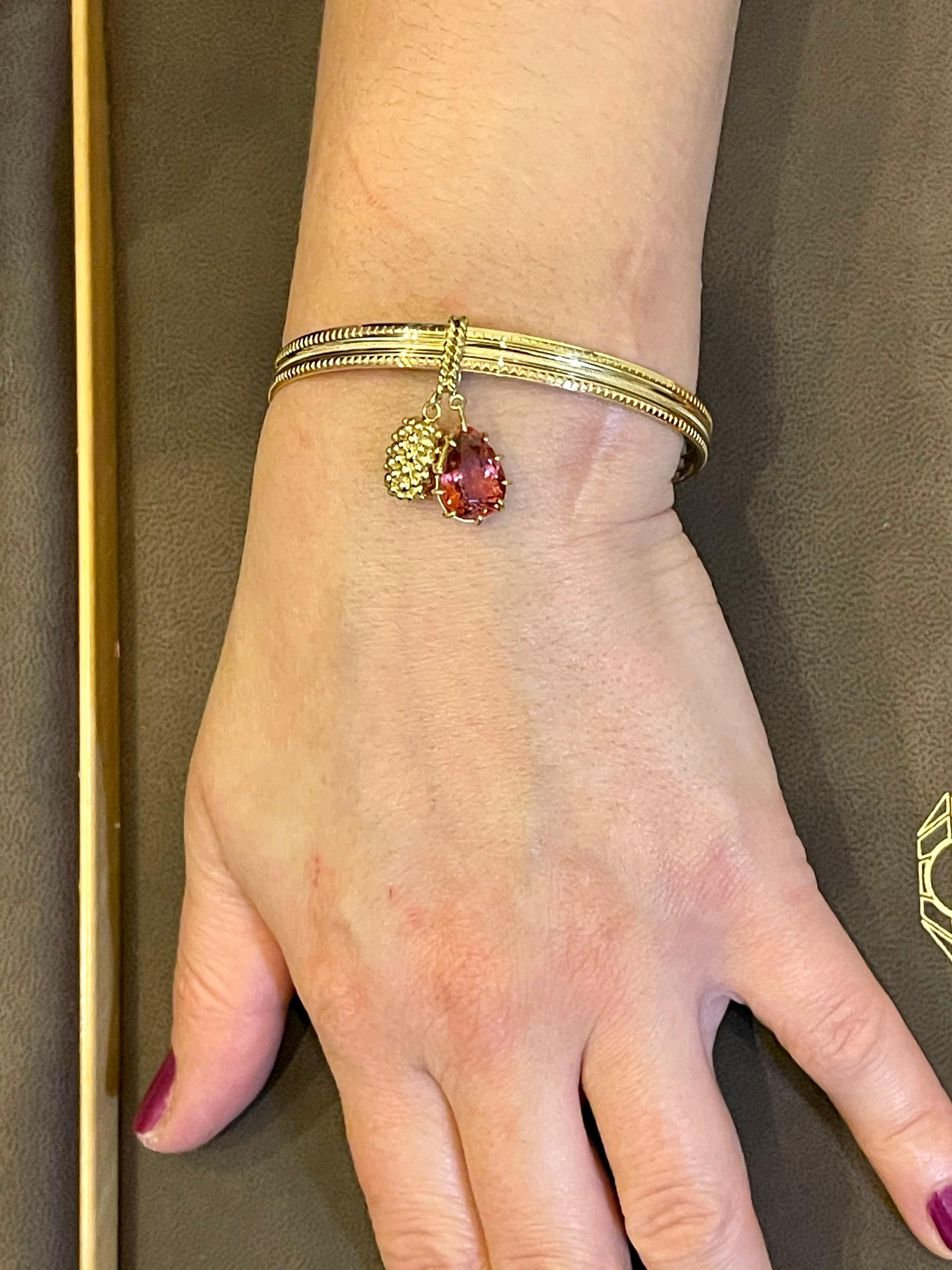 Magnificent Three Yellow Gold Bangle Attached by Pink Tourmaline and Gold Charm 12