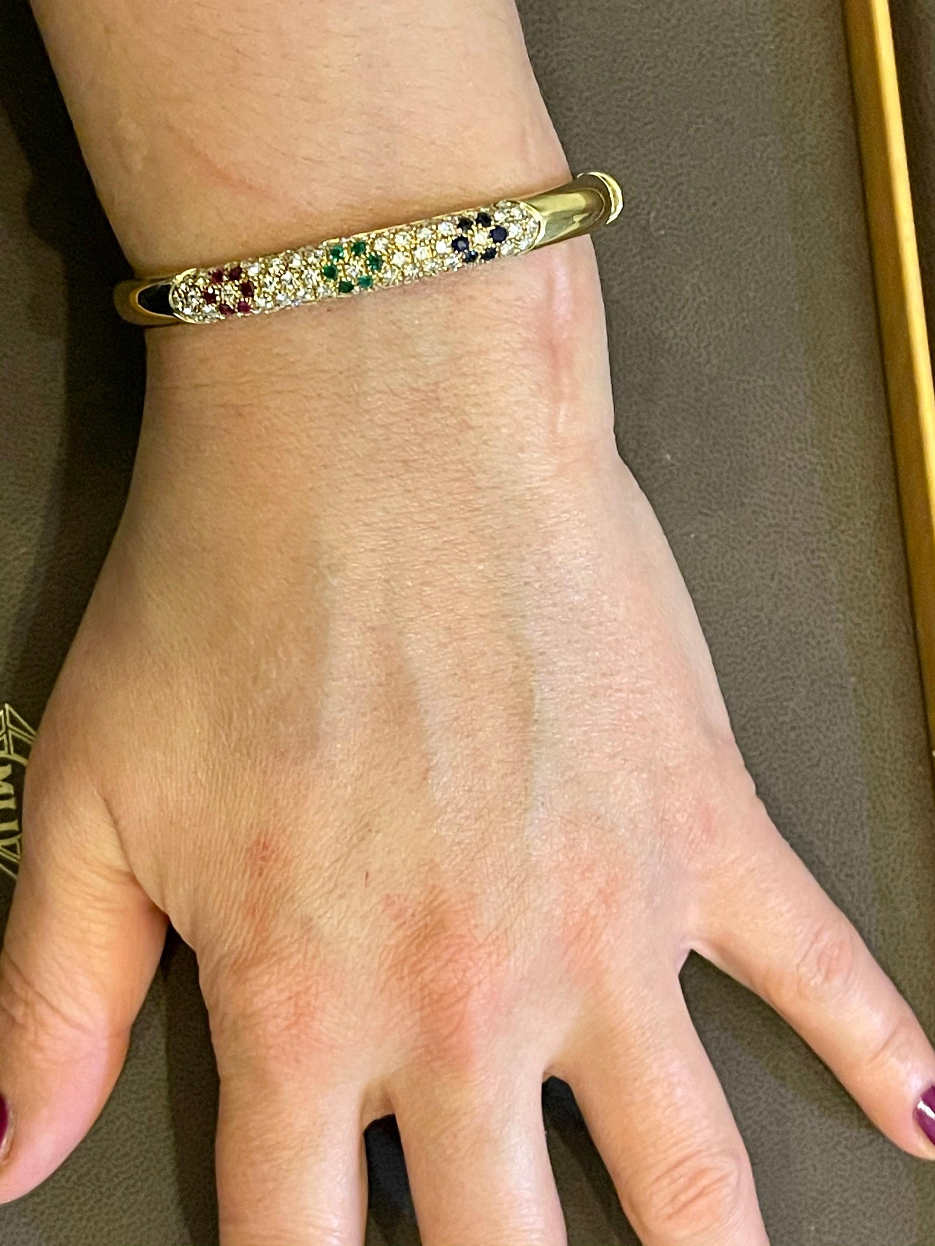 Emerald Ruby Sapphire and Diamond Cuff Bangle Bracelet in 18 Karat Yellow Gold 3