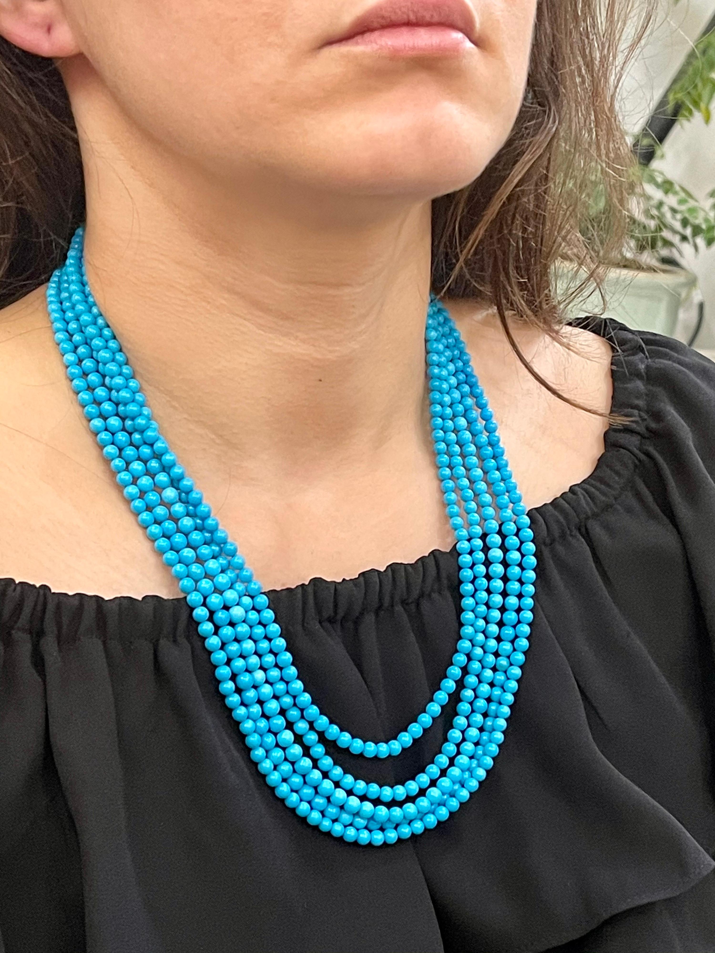 465 Carat Natural Sleeping Beauty Turquoise Necklace, Multi Strand 18 Karat Gold 3