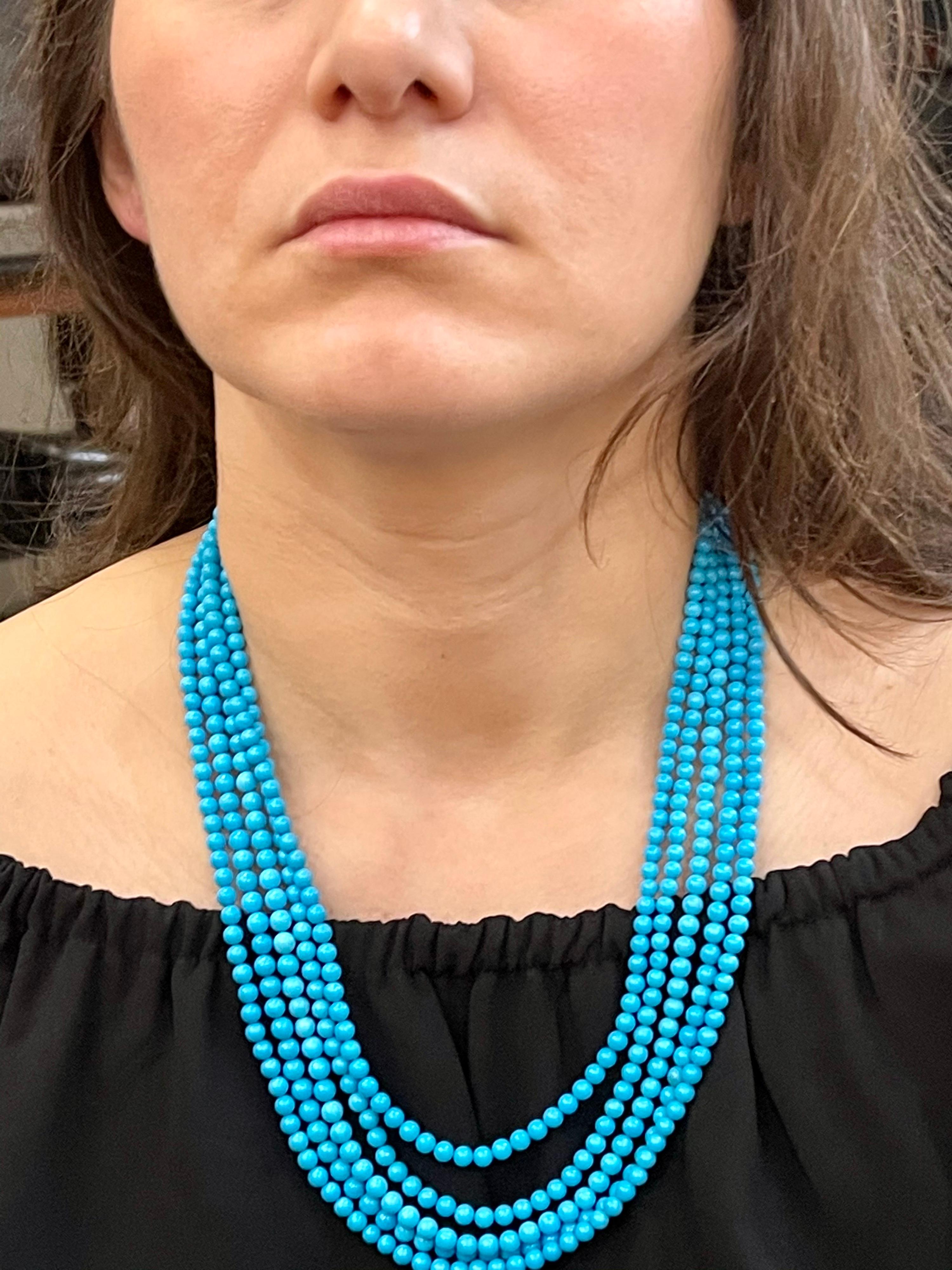 465 Carat Natural Sleeping Beauty Turquoise Necklace, Multi Strand 18 Karat Gold For Sale 4