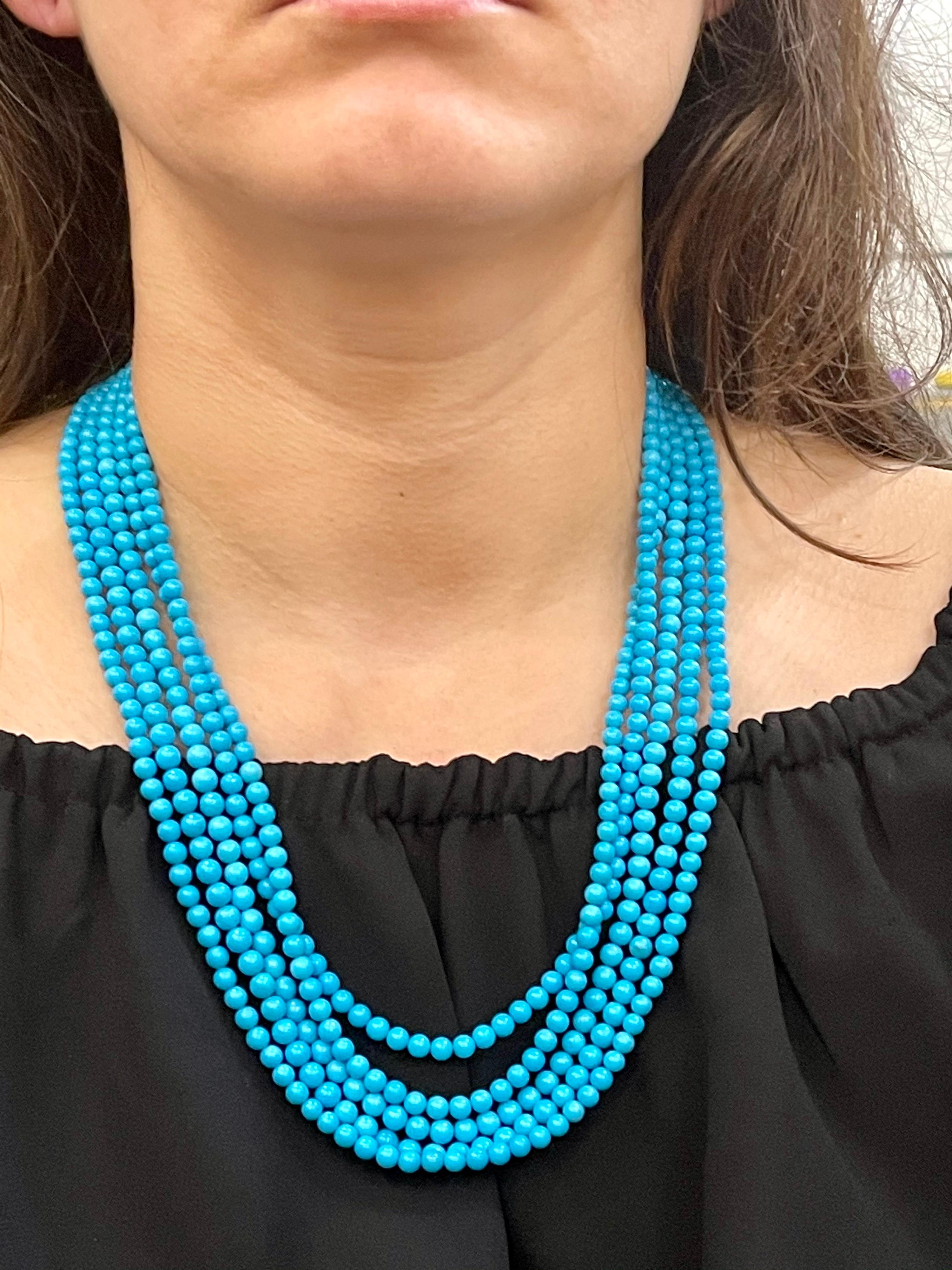465 Carat Natural Sleeping Beauty Turquoise Necklace, Multi Strand 18 Karat Gold 6