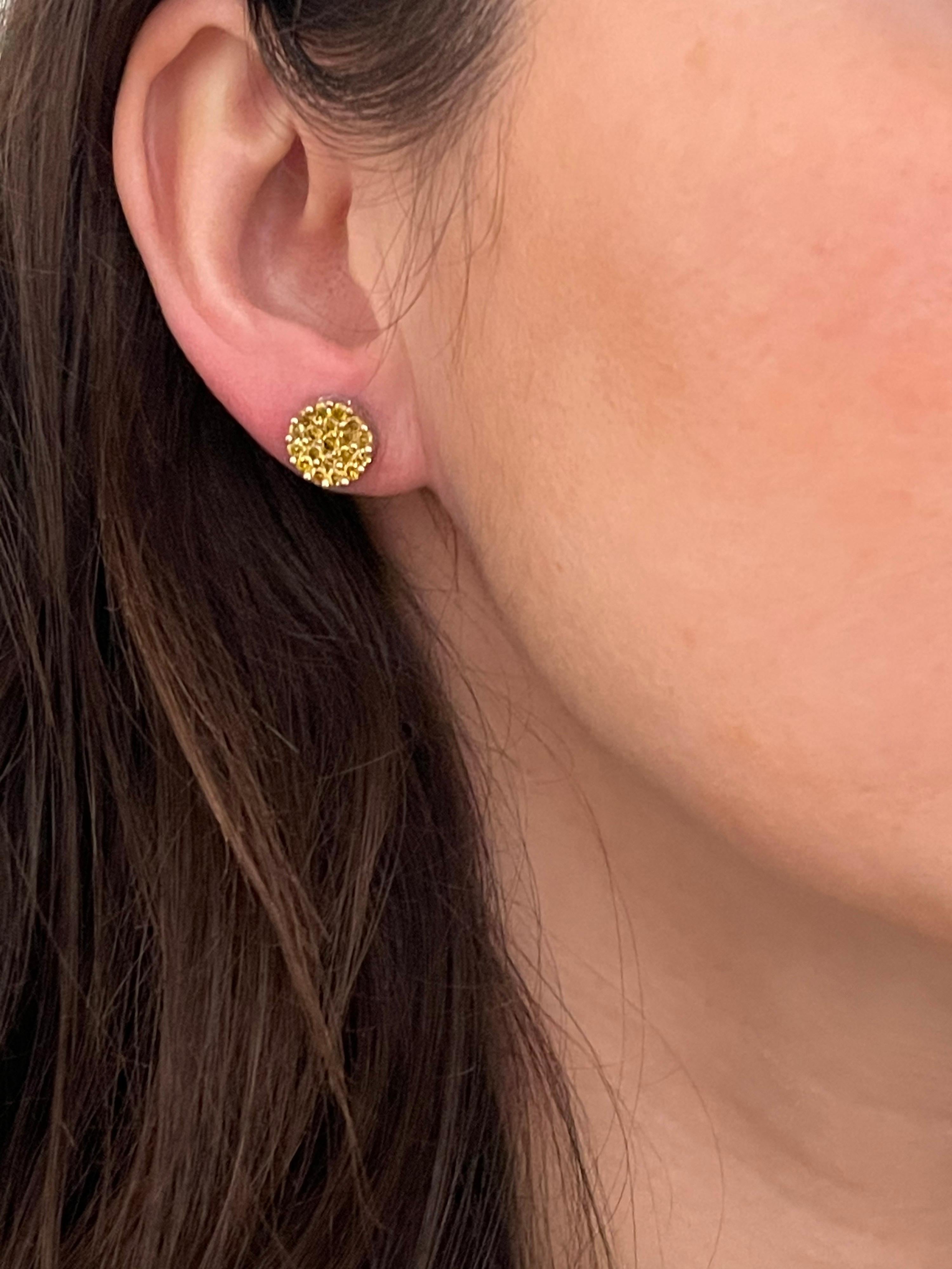 2 Carat Yellow Diamond Floral Cluster Flower Stud Earrings 14 Karat White Gold For Sale 10