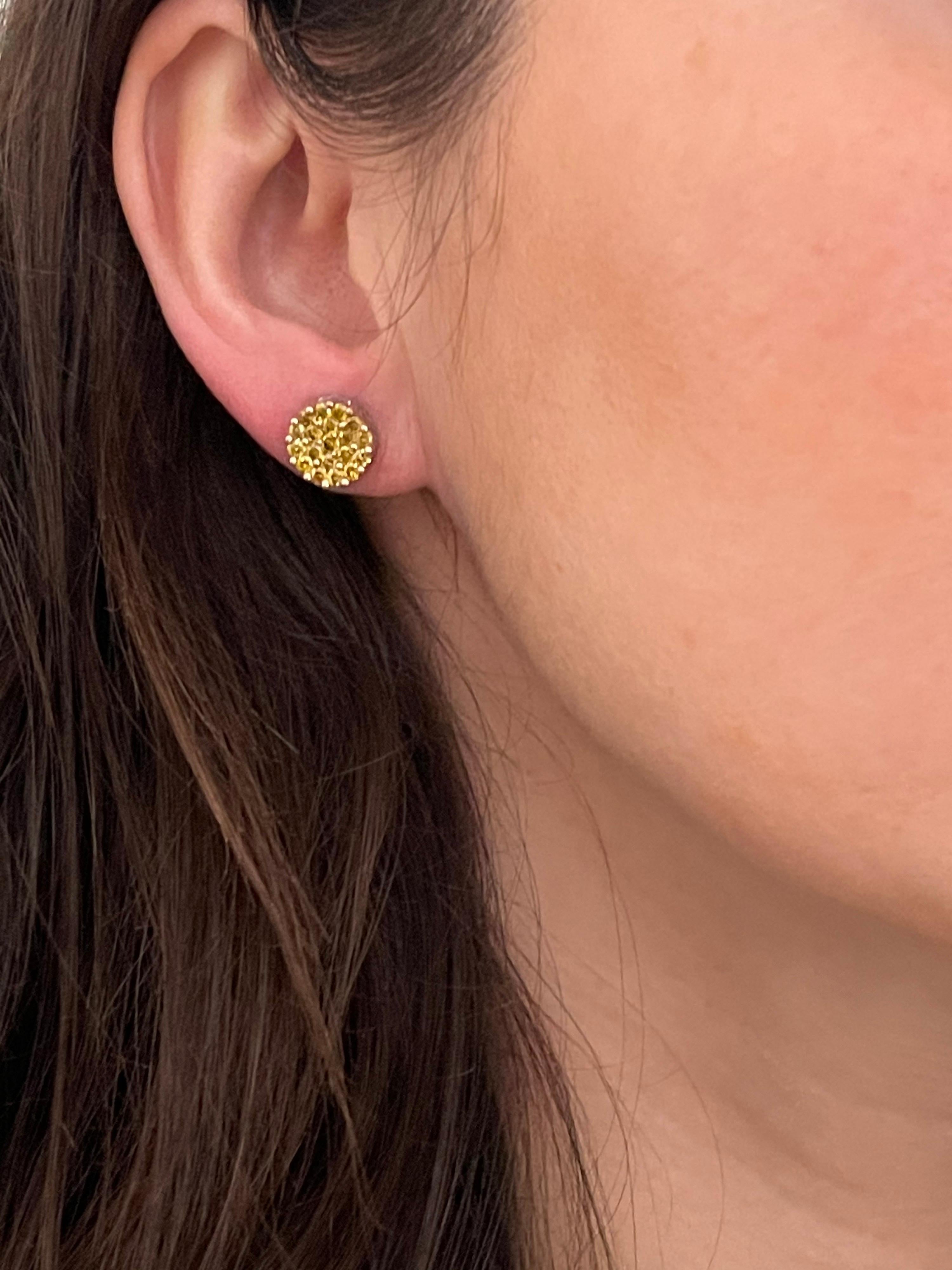 2 Carat Yellow Diamond Floral Cluster Flower Stud Earrings 14 Karat White Gold For Sale 12