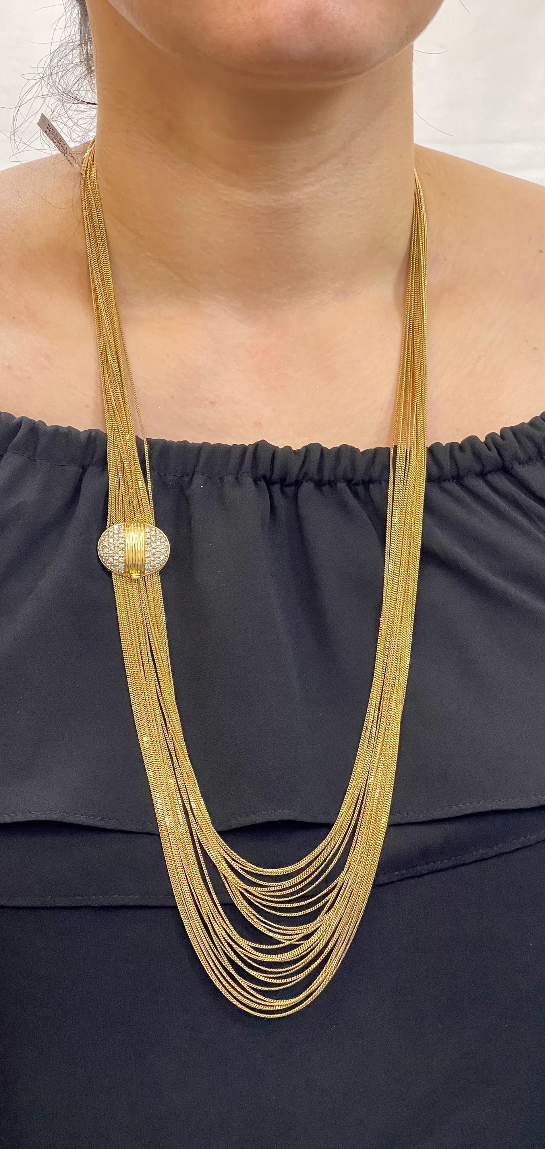 Gucci 18 Karat Gold Multi Strand Long Lariat Necklace Diamond Clasp, Antique For Sale 10
