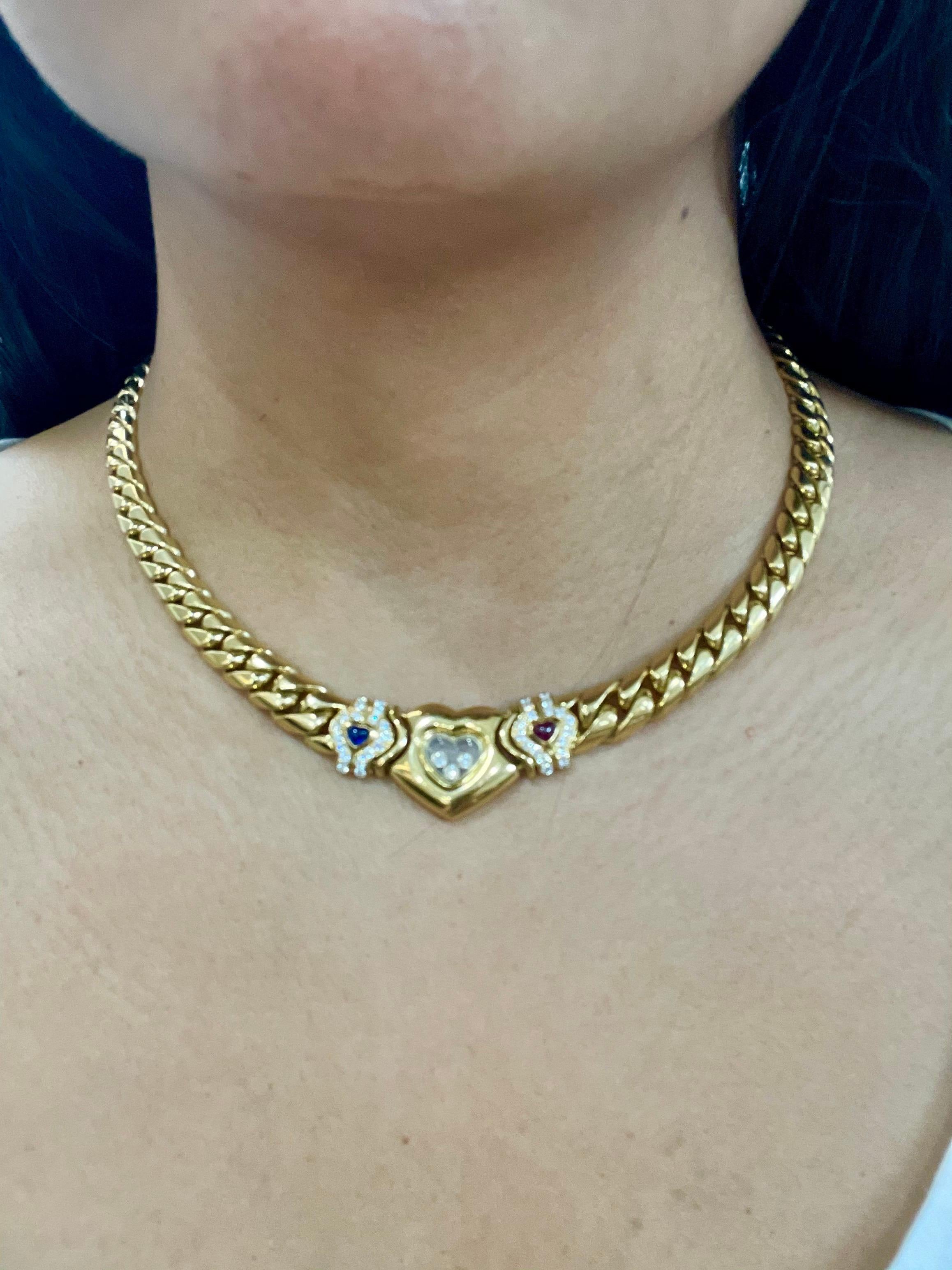 Chopard Happy Diamonds Heart Ruby, Sapphire Yellow Gold Necklace 18 Karat Gold 1