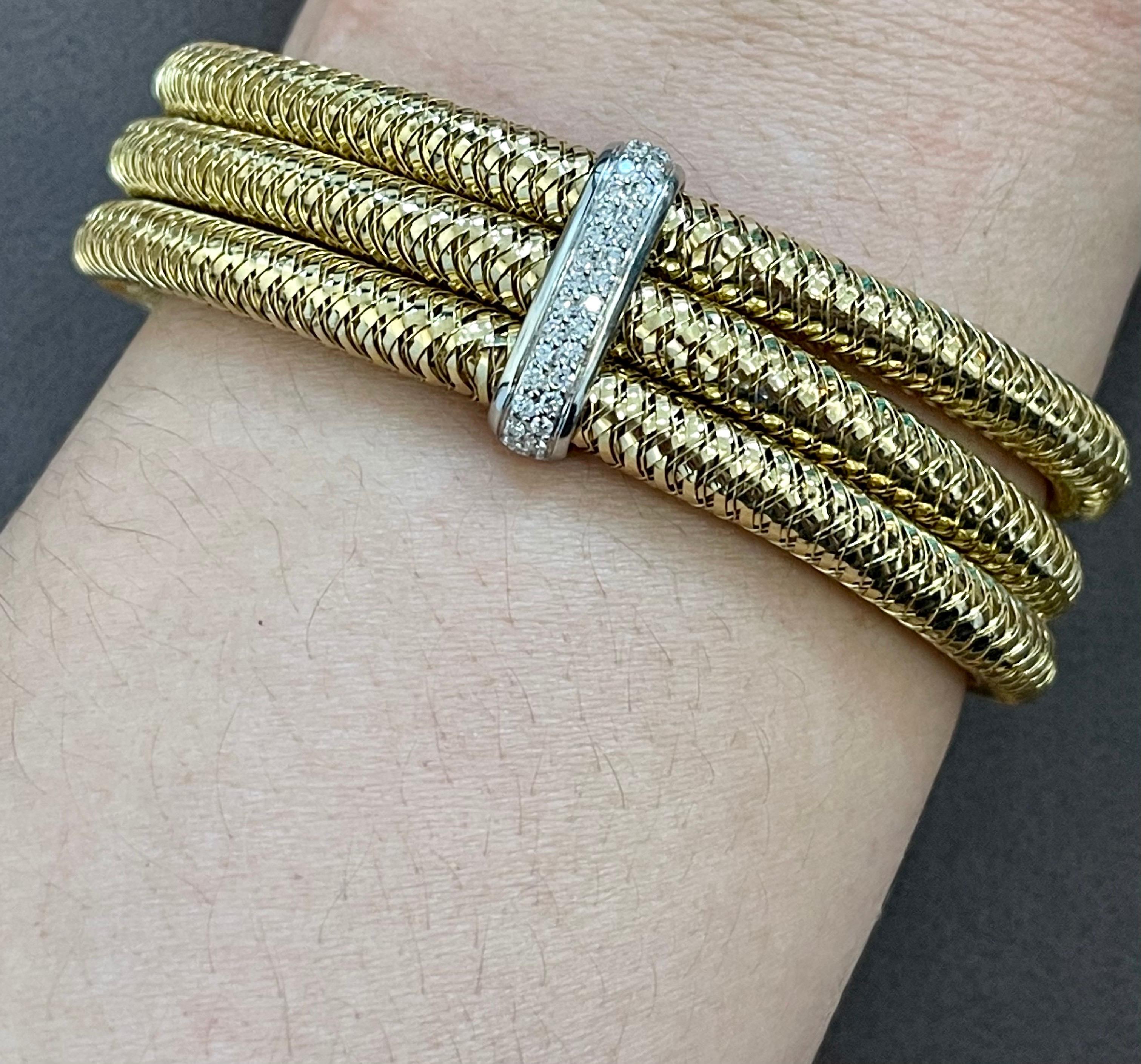 Roberto Coin Diamond Bangle Three-Row Bracelet in 18 Karat Yellow Gold Estate 7