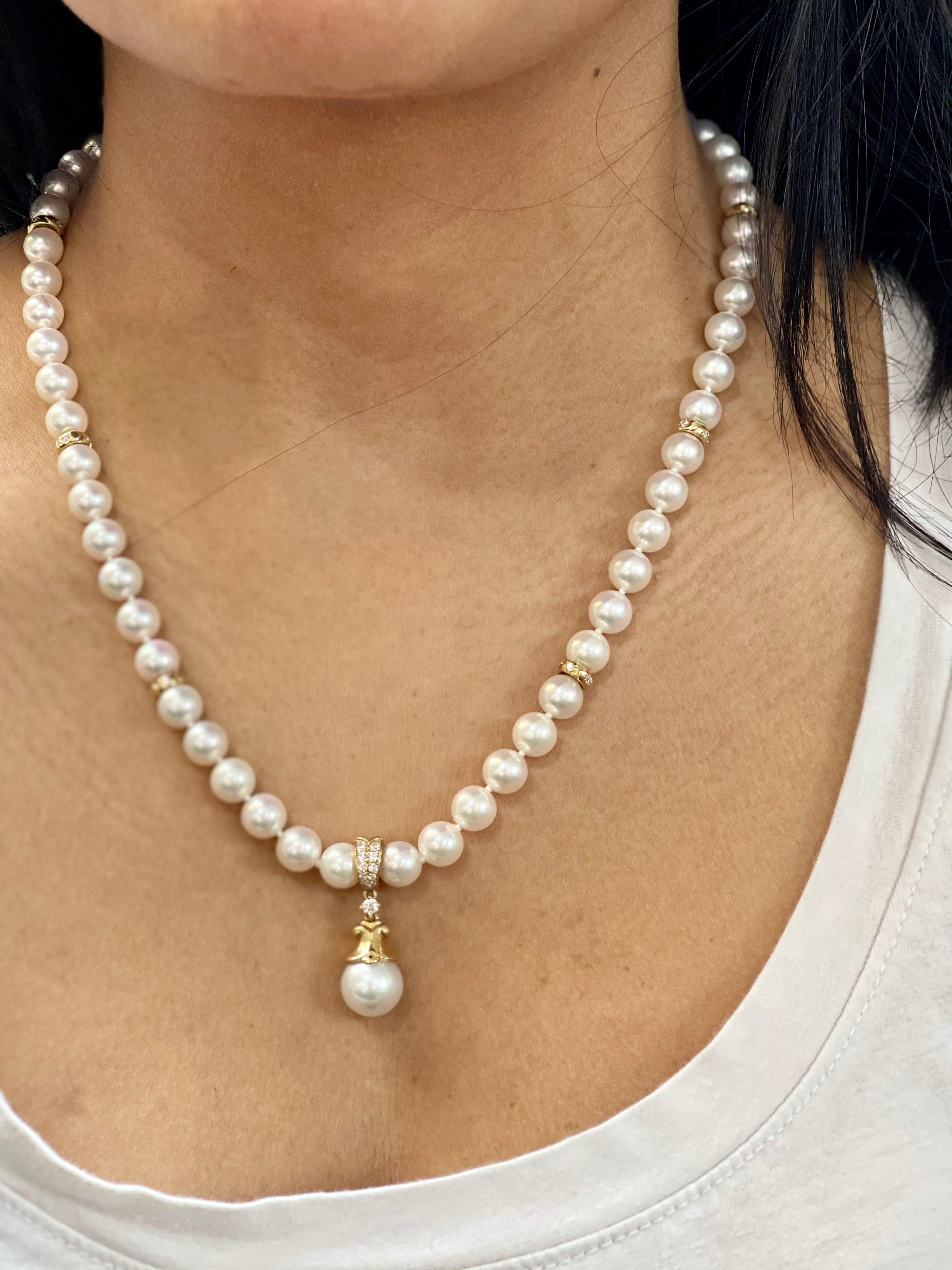 Mikimoto 18 Karat Yellow Gold and Diamonds Drop Pendant Pearl Strand Necklace 4