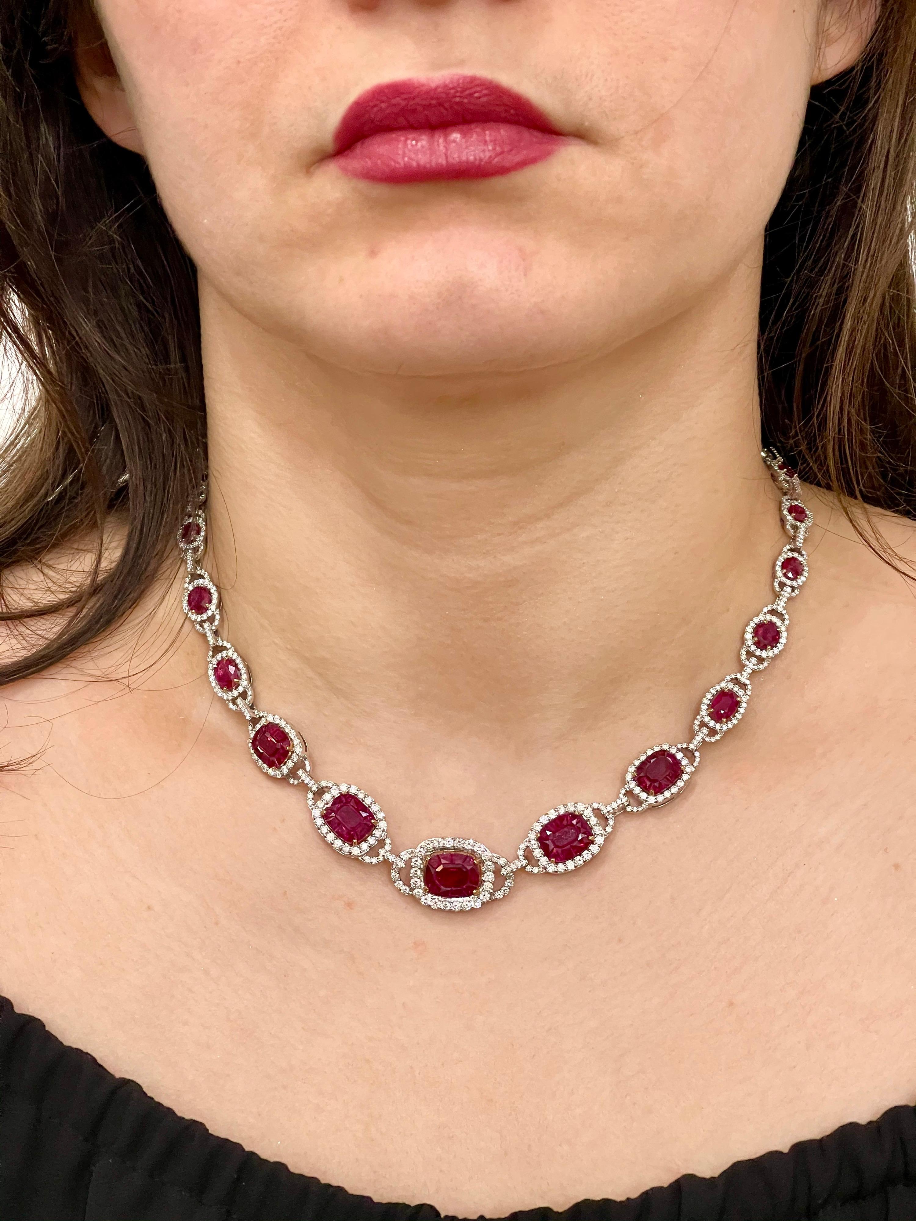 Women's GIA Certified 45 Carat Natural Burma Ruby & Diamond Necklace 18 Karat White Gold For Sale