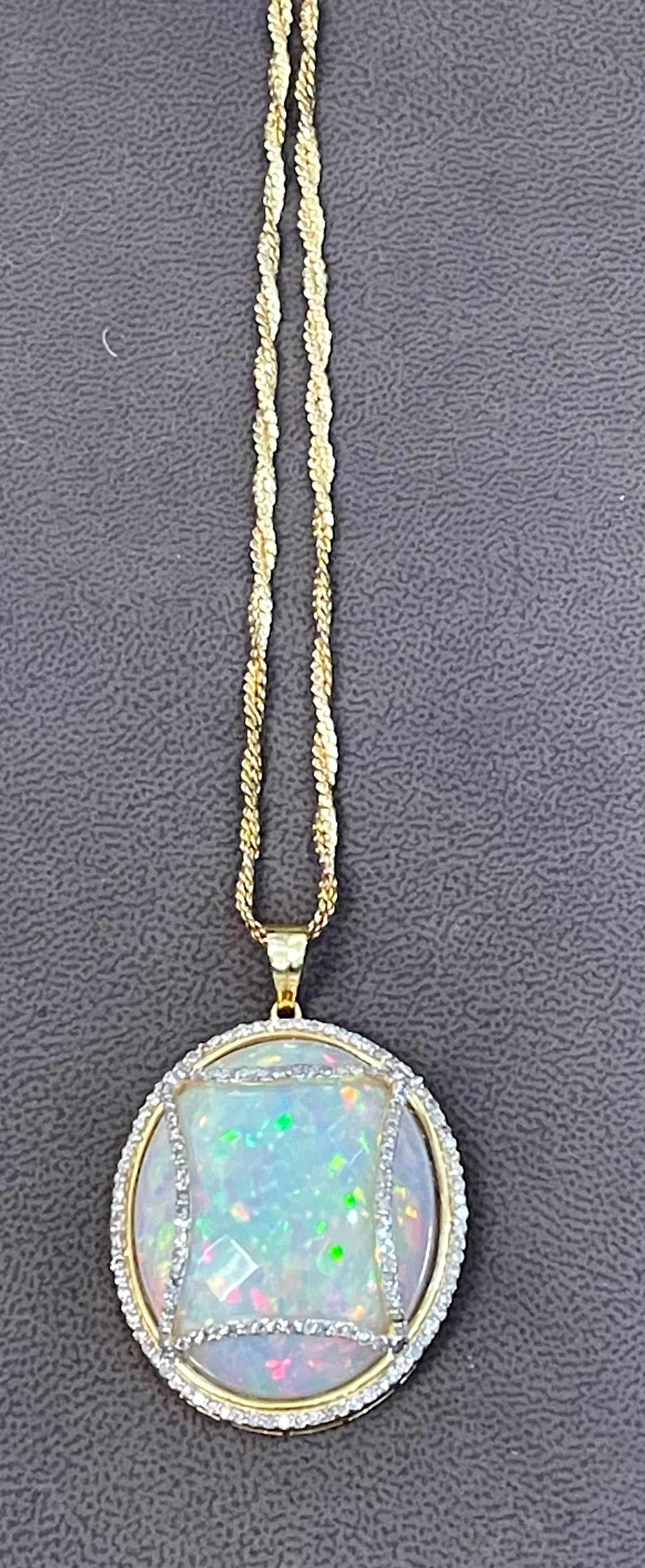 70 Carat Oval Ethiopian Opal and Diamond Pendant or Necklace 14 Karat Gold For Sale 2