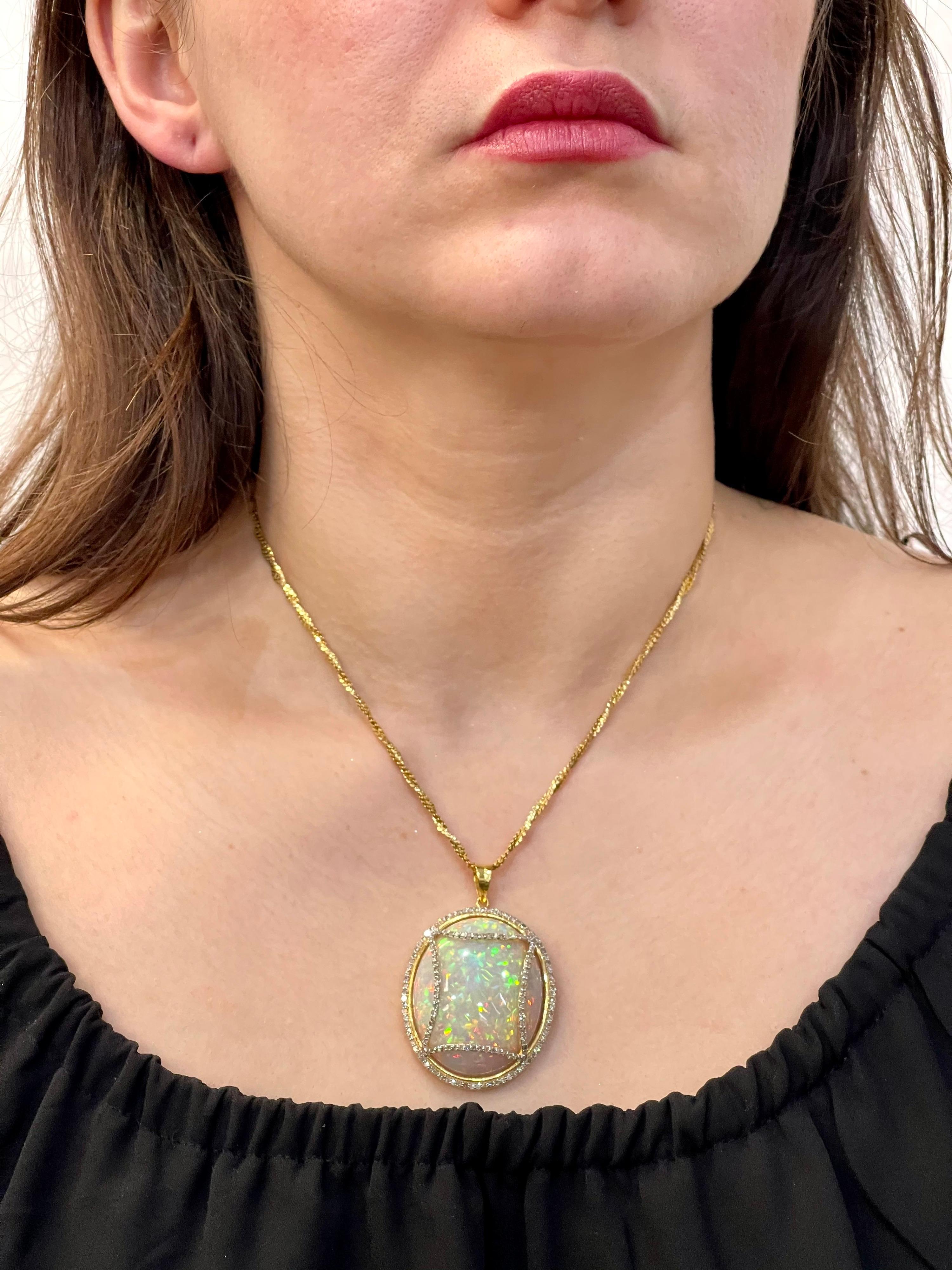 70 Carat Oval Ethiopian Opal and Diamond Pendant or Necklace 14 Karat Gold For Sale 4