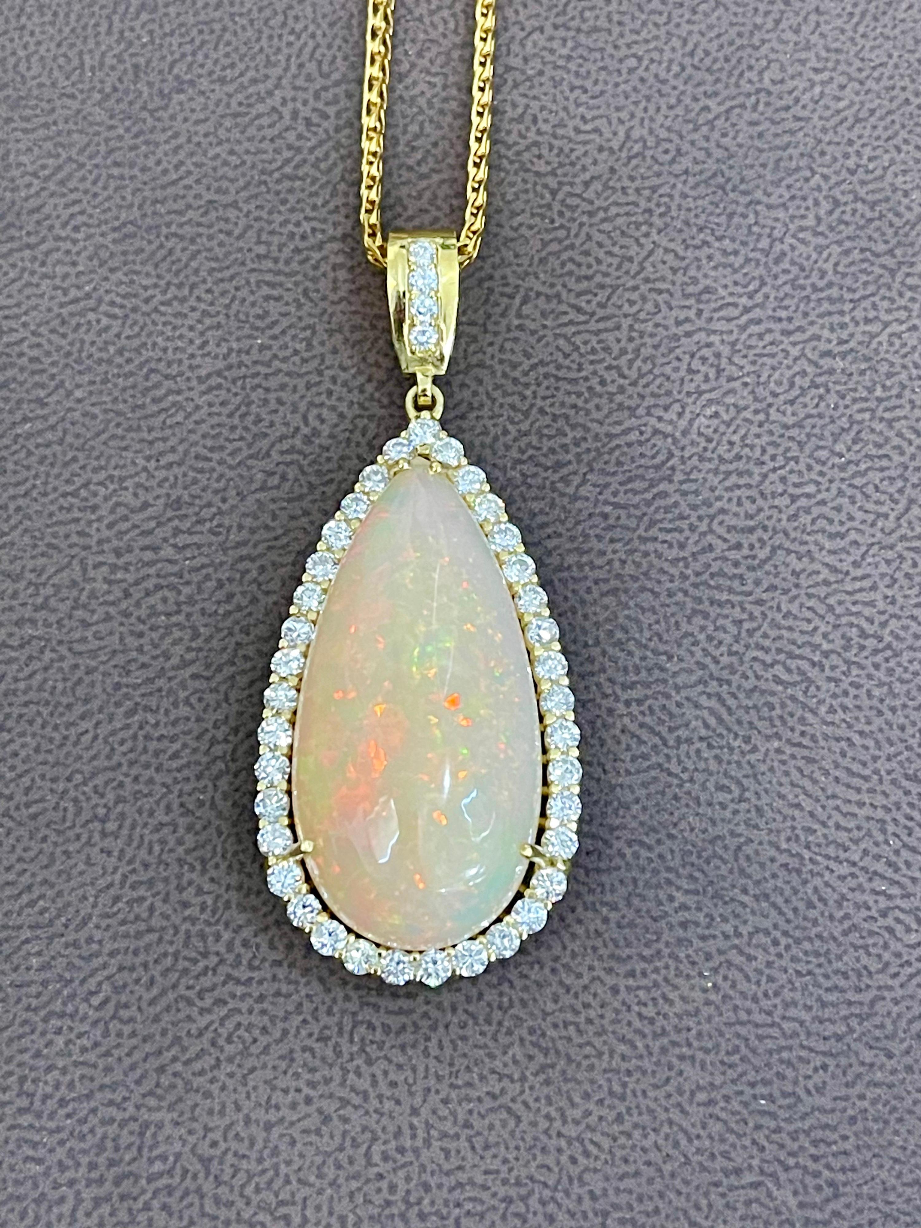 Women's 44 Carat Pear Ethiopian Opal and Diamond Pendant / Necklace 18 Karat Gold Estate